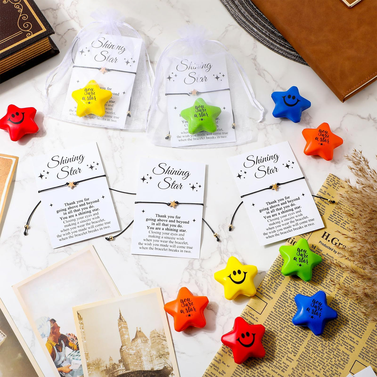 TERRIFI 20 Sets Star Wish Bracelets Bulk, Inspirational Teacher Appreciation Thank You Gift, Adjustable Friendship Bracelets with Cards for Students Employee Coworker Team