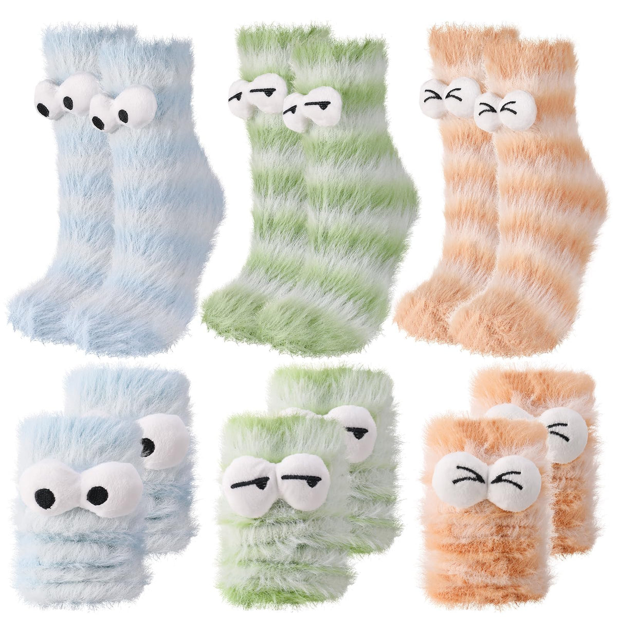 KASTWAVE 3 Pairs Fluffy Cartoon Monster Socks for Women, Cozy 3D Velvet Funny Sleep Cute & Quirky Warm Winter Socks for Halloween & Birthday, Foot Size 38-42