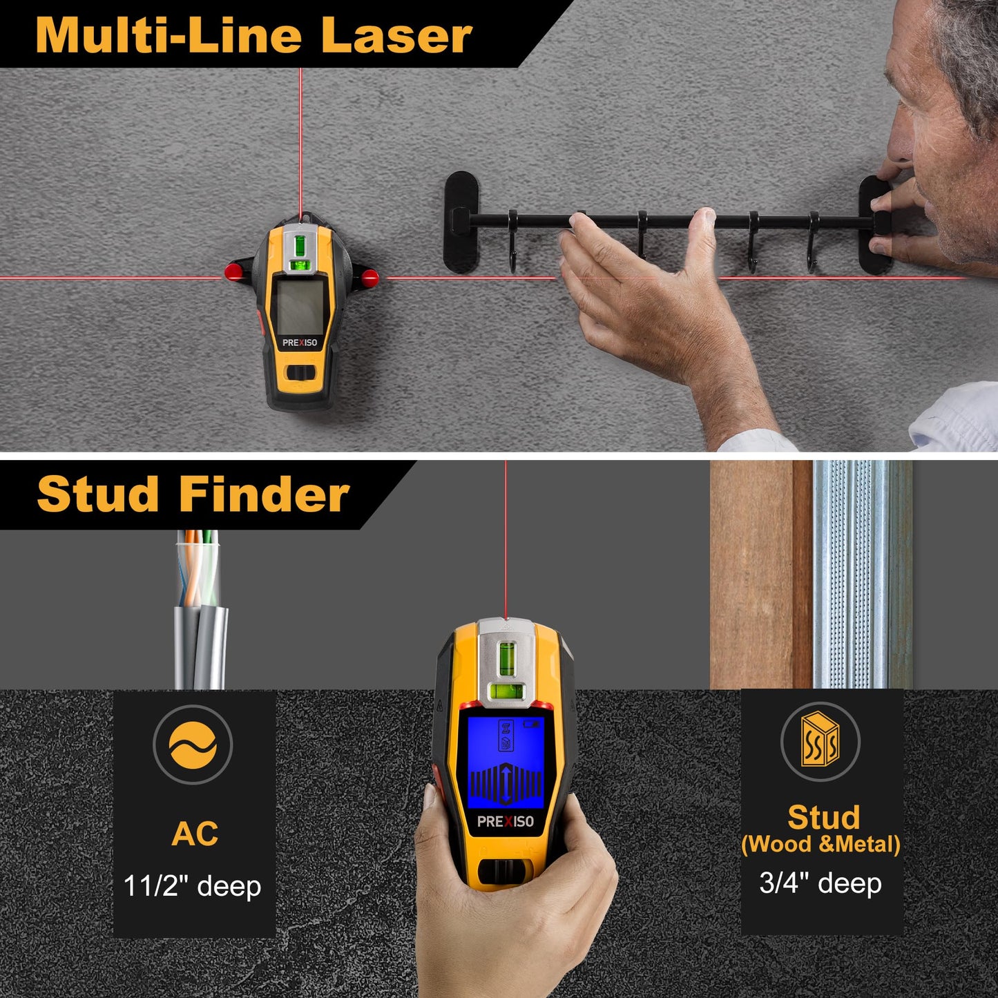 PREXISO 2-in-1 Stud Finder with Laser Level, Rechargeable Multi Surface Cross Line Laser & Wall Stud Scanners Tool for Hanging Frames & Picture, Wood Ac Wire Metal Studs Joist Pipe Detection - Medaid International
