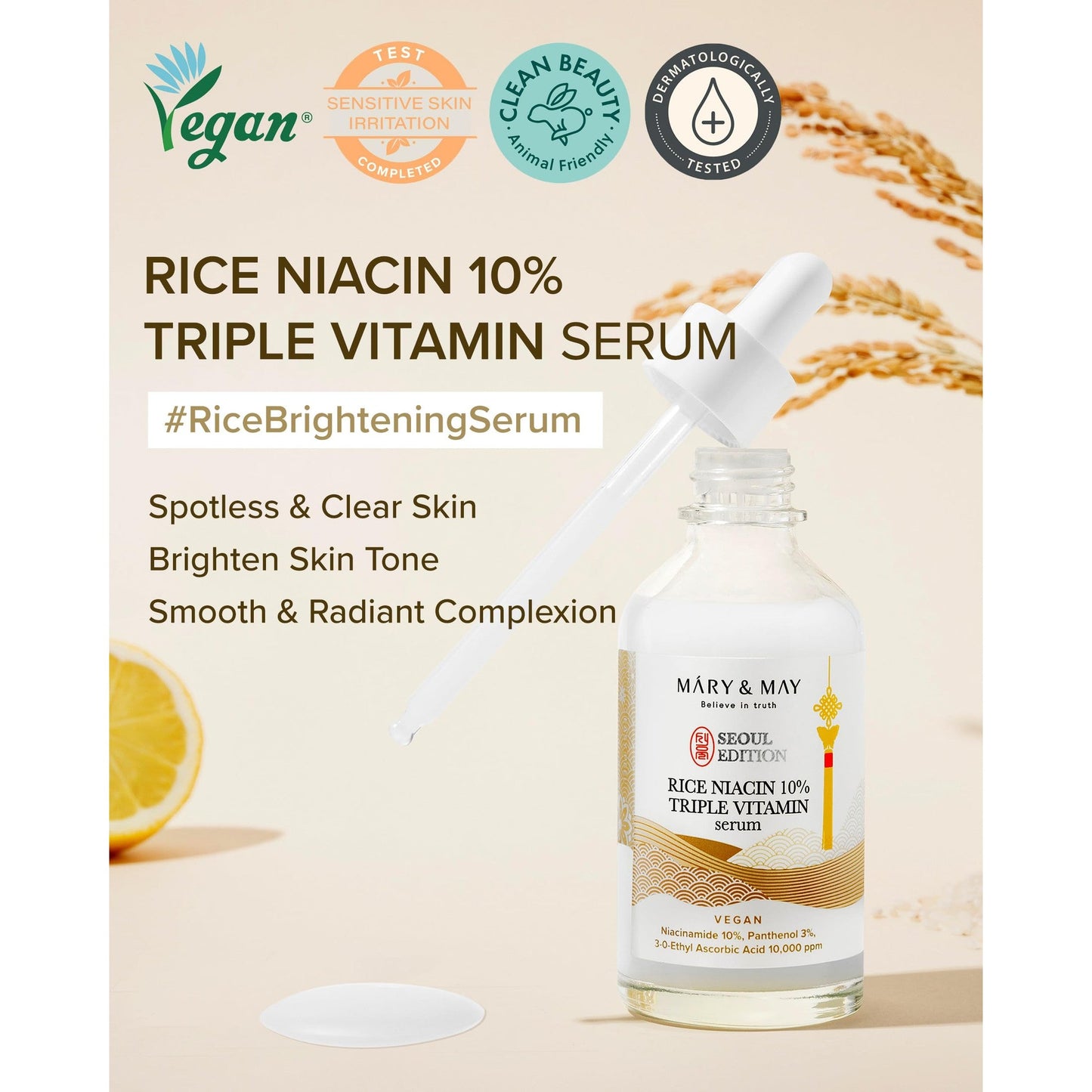 Mary&May SEOUL EDITION Rice Niacin 10% Triple Vitamin Serum - Korean Radiance Serum for Even Skin Tone and Healthy Glow - Niacinamide, and Vitamins - Fragrance-Free, Cruelty-Free, 2.7 fl.oz. - Medaid International