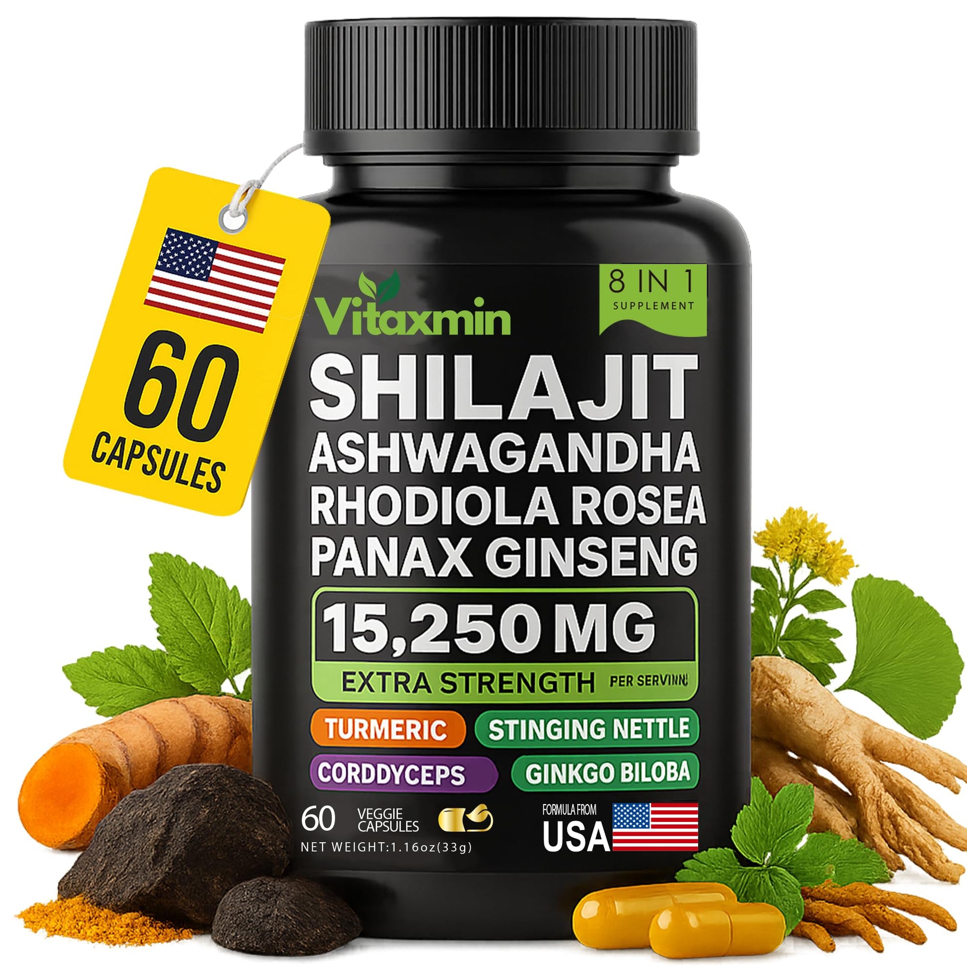 Shilajit and Ashwagandha Capsules, 8-in-1 Herbal Multivitamin for Men and Women, with Rhodiola Rosea, Ginseng, and Stinging Nettle, Shilajit for Men and Women - Medaid International