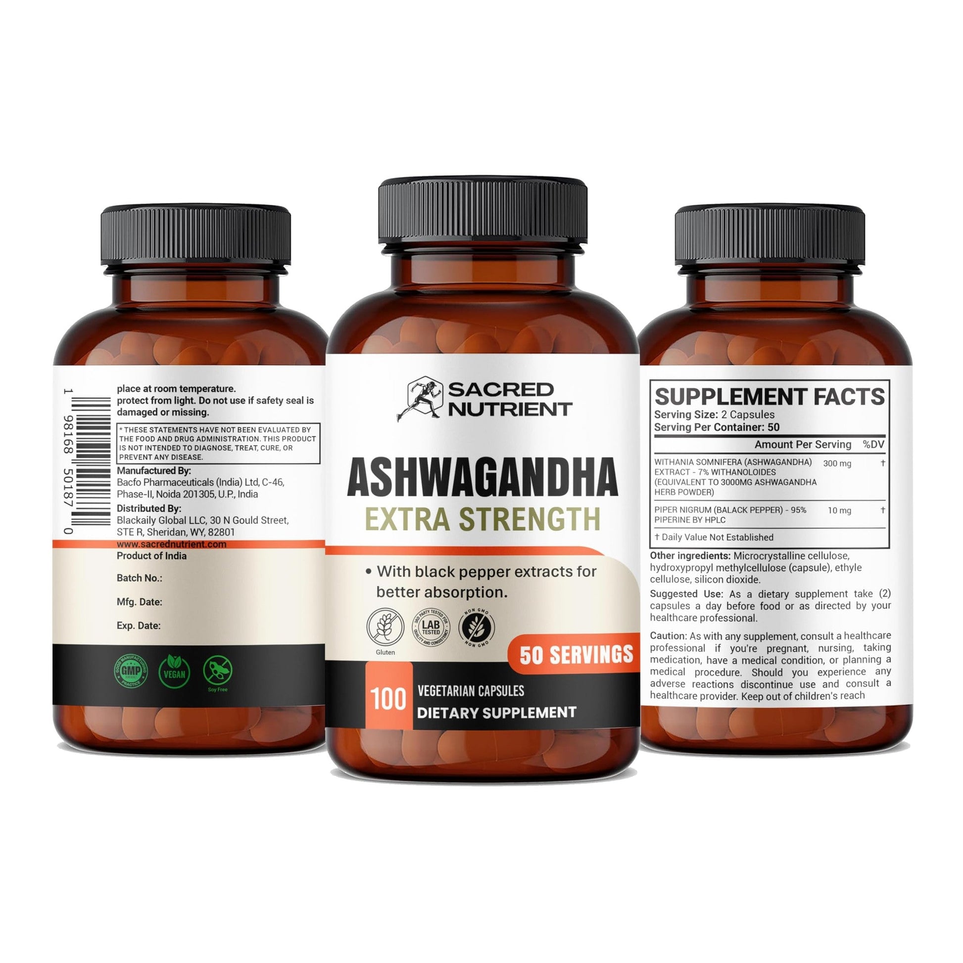 Sacred Nutrient Ashwagandha Organic Extra Strength Supplement with Black Pepper for Stress & Mood Support, Energy 300mg Extract (Equivalent 3000mg Herb), 100 Capsules - Medaid International