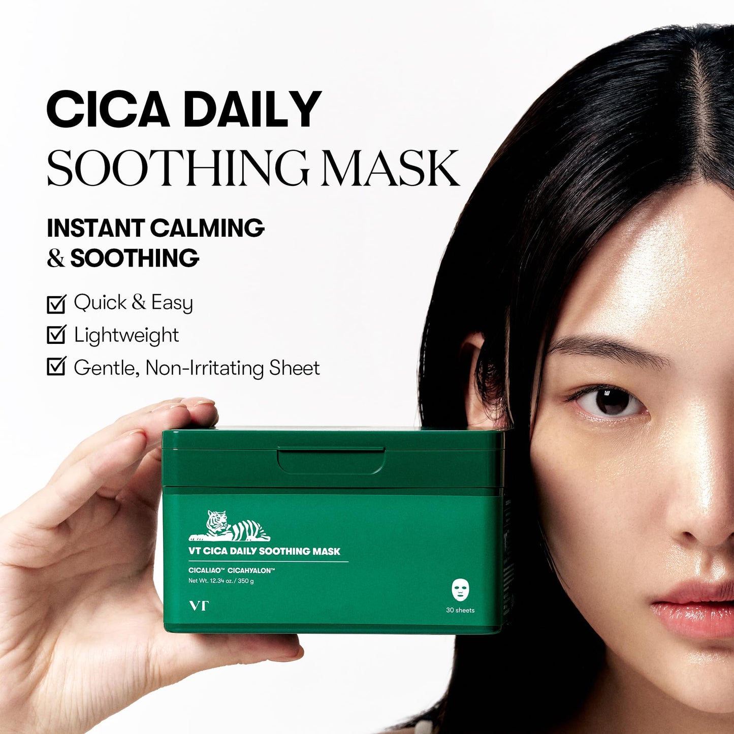 VT COSMETICS CICA Daily Soothing Mask 30 Sheets, Centella Asiatica & Hyaluronic Acid for Moisturizing & Hydrating, Instant Calm & Glow, Skin Softening Facial Mask, Korean Face Mask - Medaid International