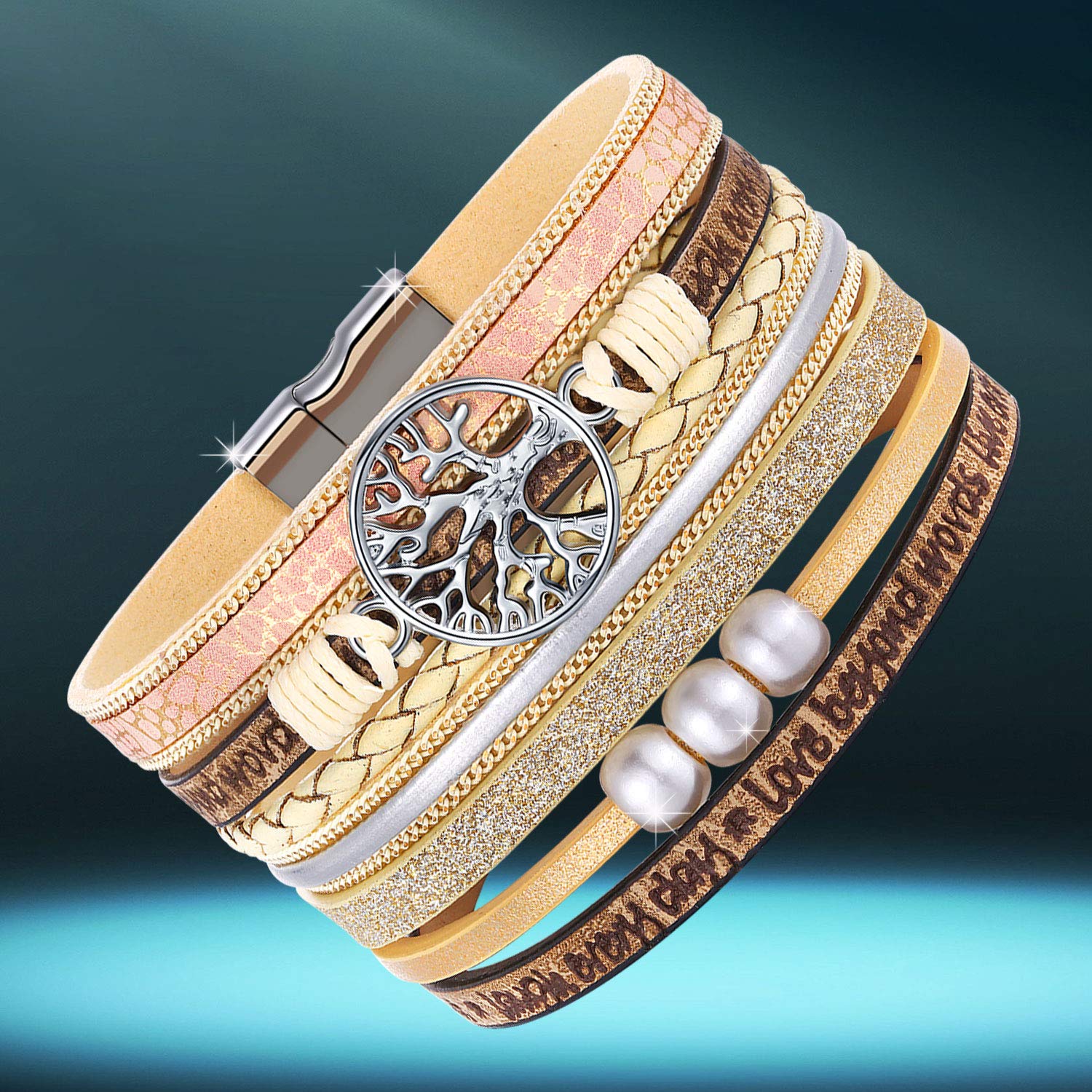 Desimtion Inspirational Gifts, Tree of Life Leather Bracelets for Women, Trendy Stuff for Teen Girls, Mothers Day Birthday Gifts for Women Girls Mom - Bohemian Jewelry Beige - Medaid International
