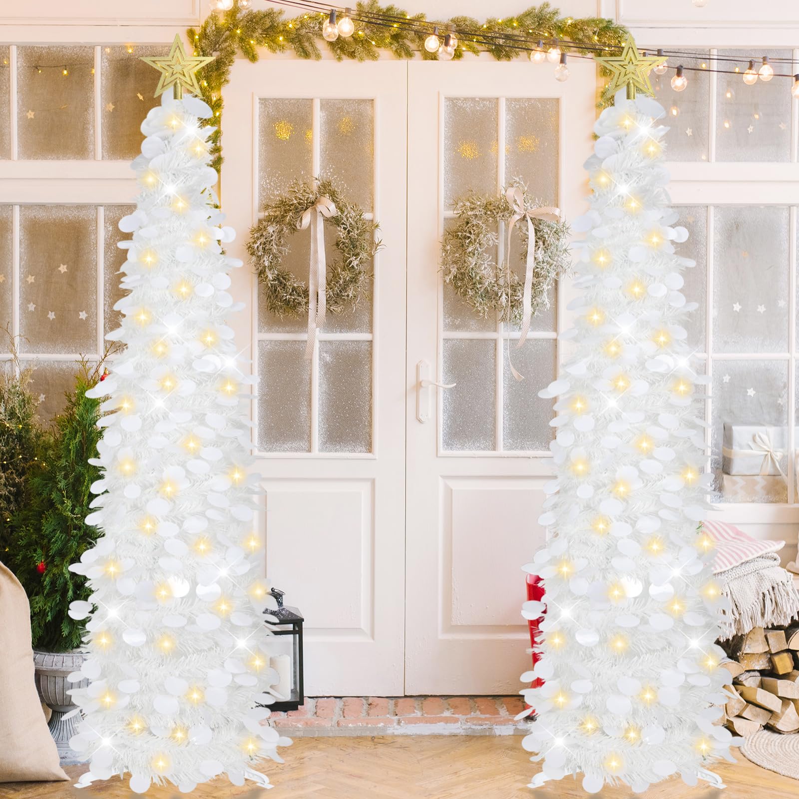 HMASYO 5 FT Pop Up Christmas Tree with Timer Lights, White Christmas Tinsel Tree, Collapsible Artificial Pencil Christmas Tree for Indoor Home Apartment Porch Holiday Party Decorations - Medaid International