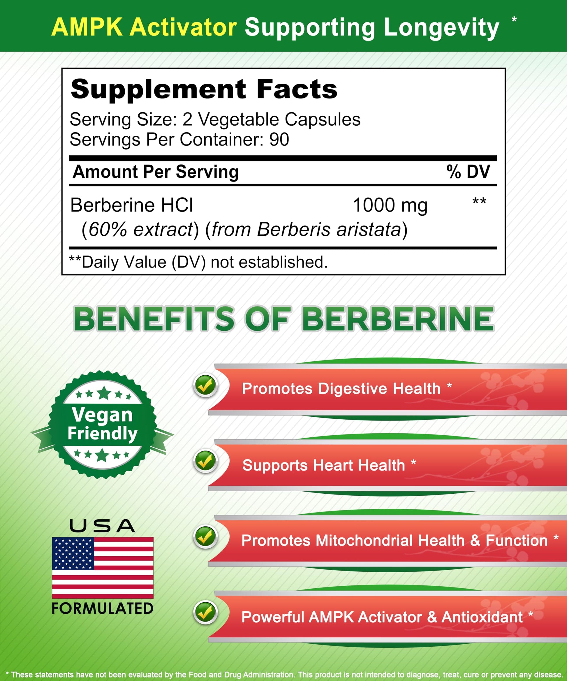 aSquared Nutrition Pure Berberine 1000mg Supplement - 180 Veggie Capsules, Natural Berberine Hydrochloride HCL Plus, Max Strength 1000 mg (2X 500mg), Potent Berberine Vegan Extract - Medaid International