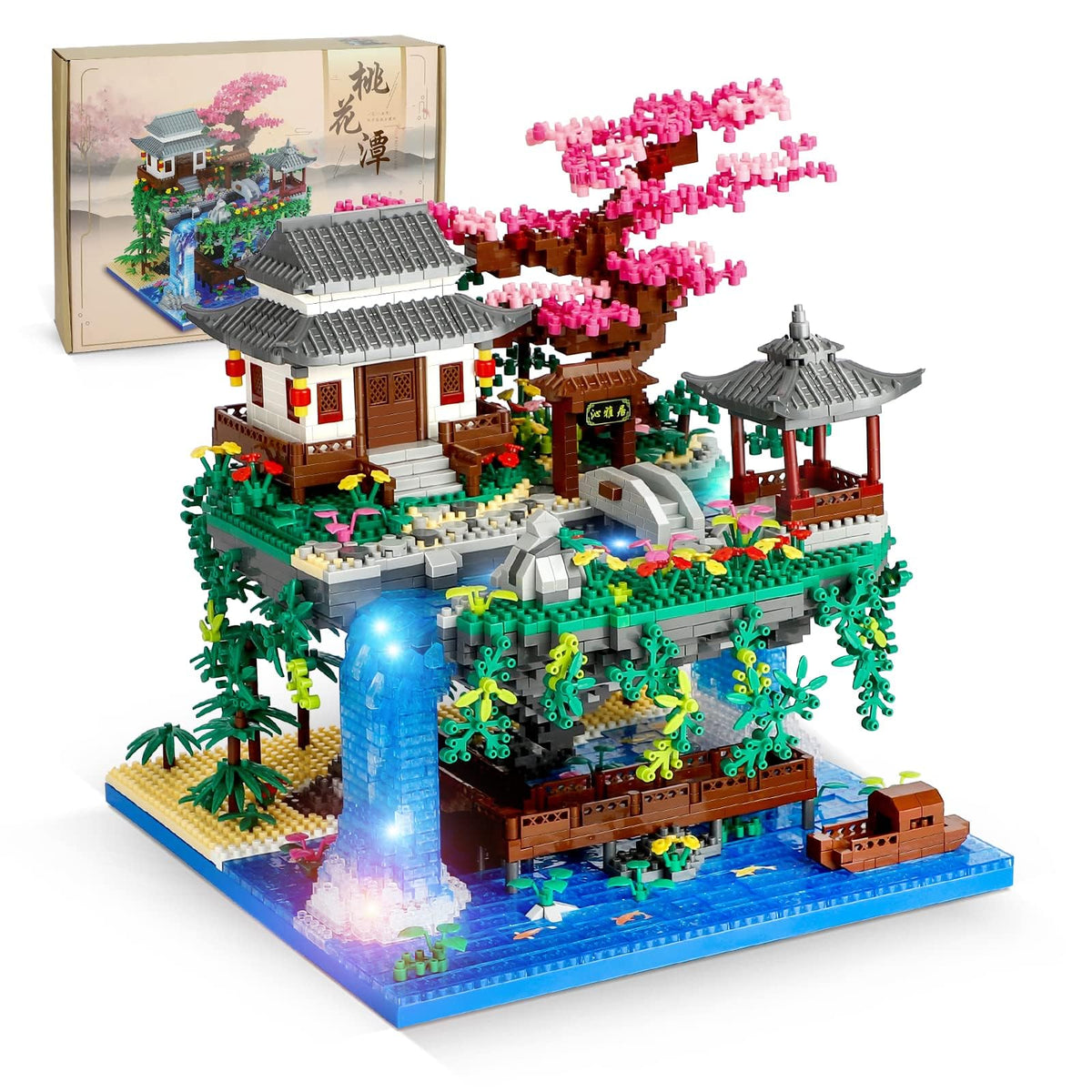 KASTWAVE Peach Blossom Pond Micro Mini Building Blocks Set, Chinese Architecture Cherry Bonsai Gift Toys with String Lights, Japanese Sakura Tree House Micro Bricks for Adults and 14+ Kids (3320 Pcs)