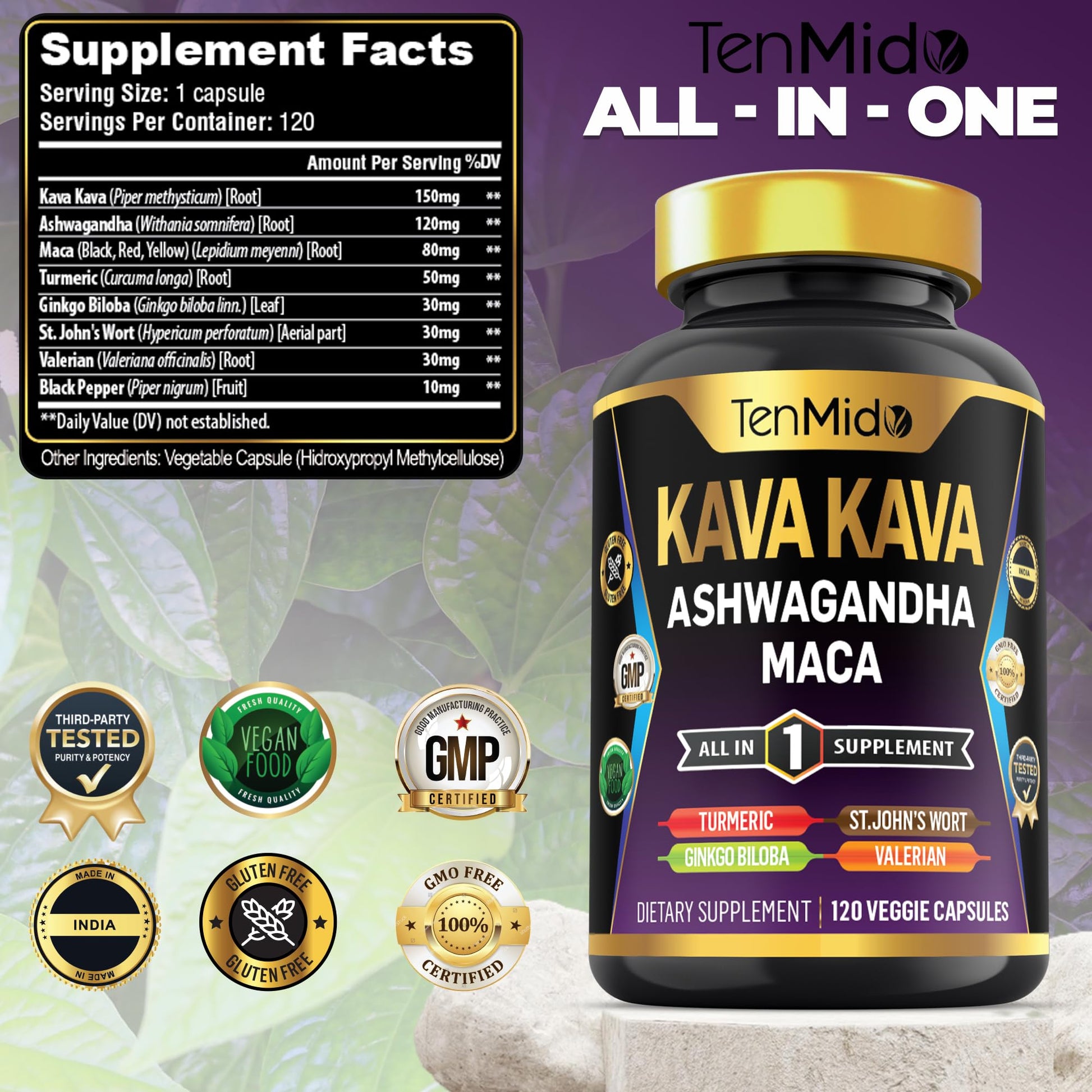 Tenmido Kava Kava Root Supplement - 8in1 Formula - Combine with Ashwagandha, Maca, Turmeric, Ginkgo Biloba, St. John's Wort, Valerian & Black Pepper - 120 Vegan Capsules, 4 Months Supply - Medaid International