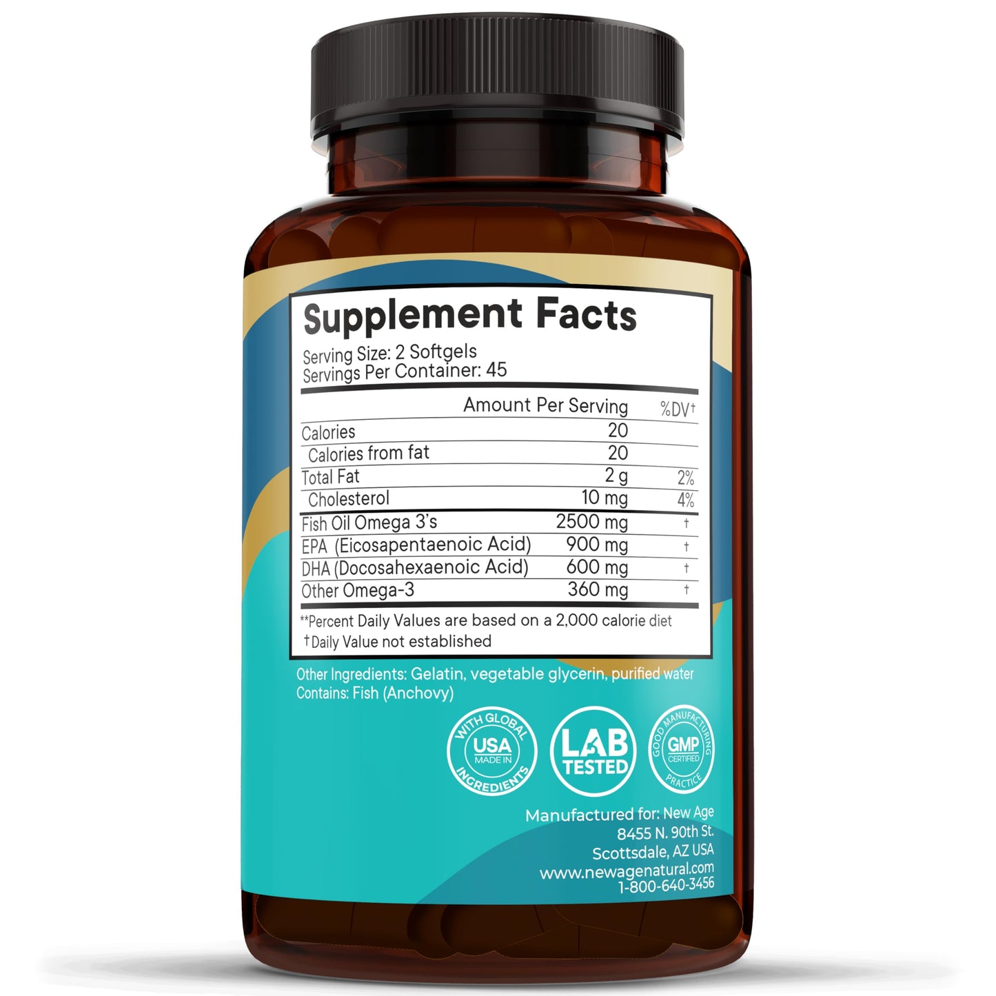NEW AGE Omega 3 Fish Oil 2500mg Supplement Non GMO - EPA, DHA Fatty Acids Gluten Free (180 Softgels (Pack of 2)) - Medaid International