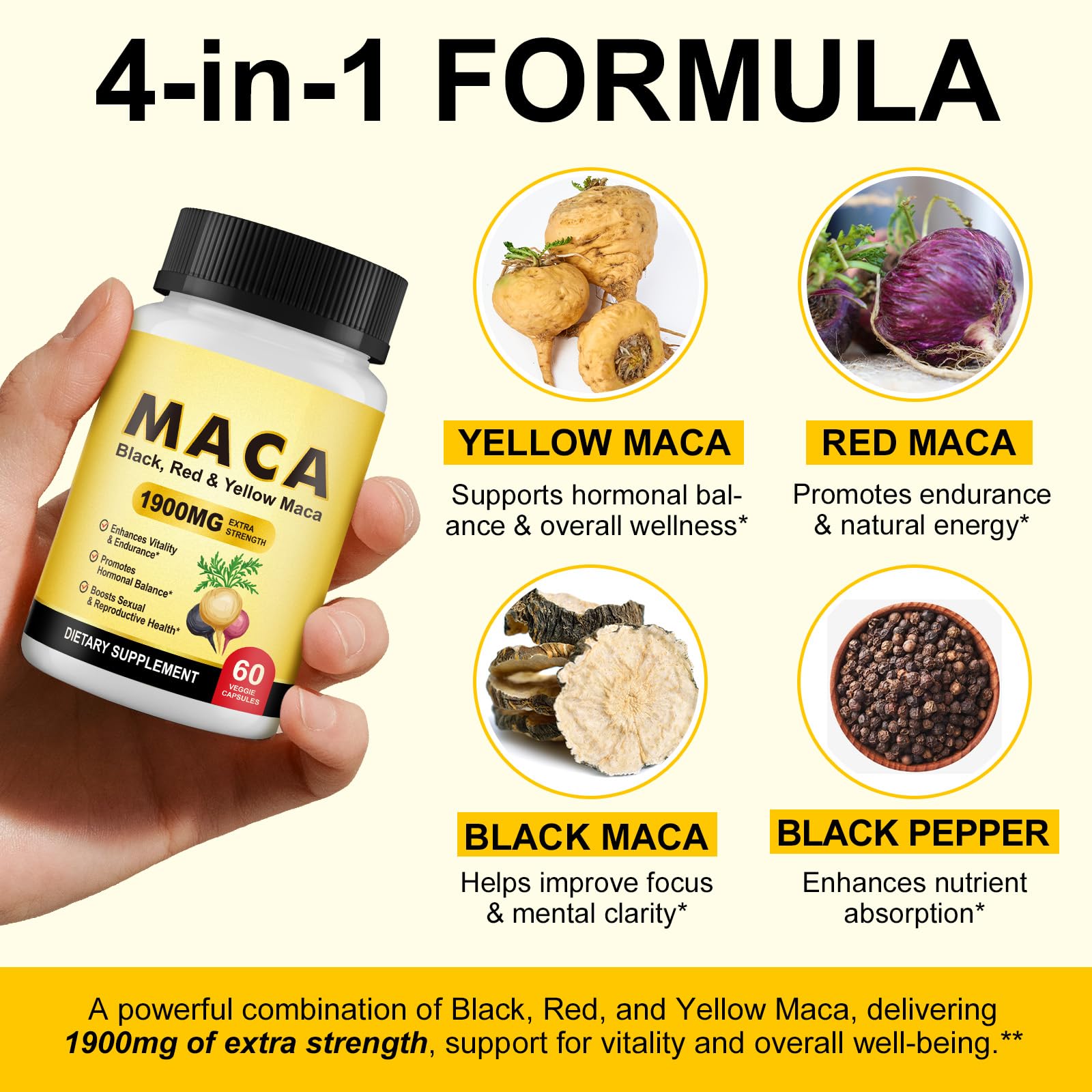 Maca Root Capsules for Women1900mg, Black + Red + Yellow Maca Root Extract Vegan Supplement Supports Reproductive Health, Menstrual Support, Hormonal Balance, Natural Energy - Medaid International