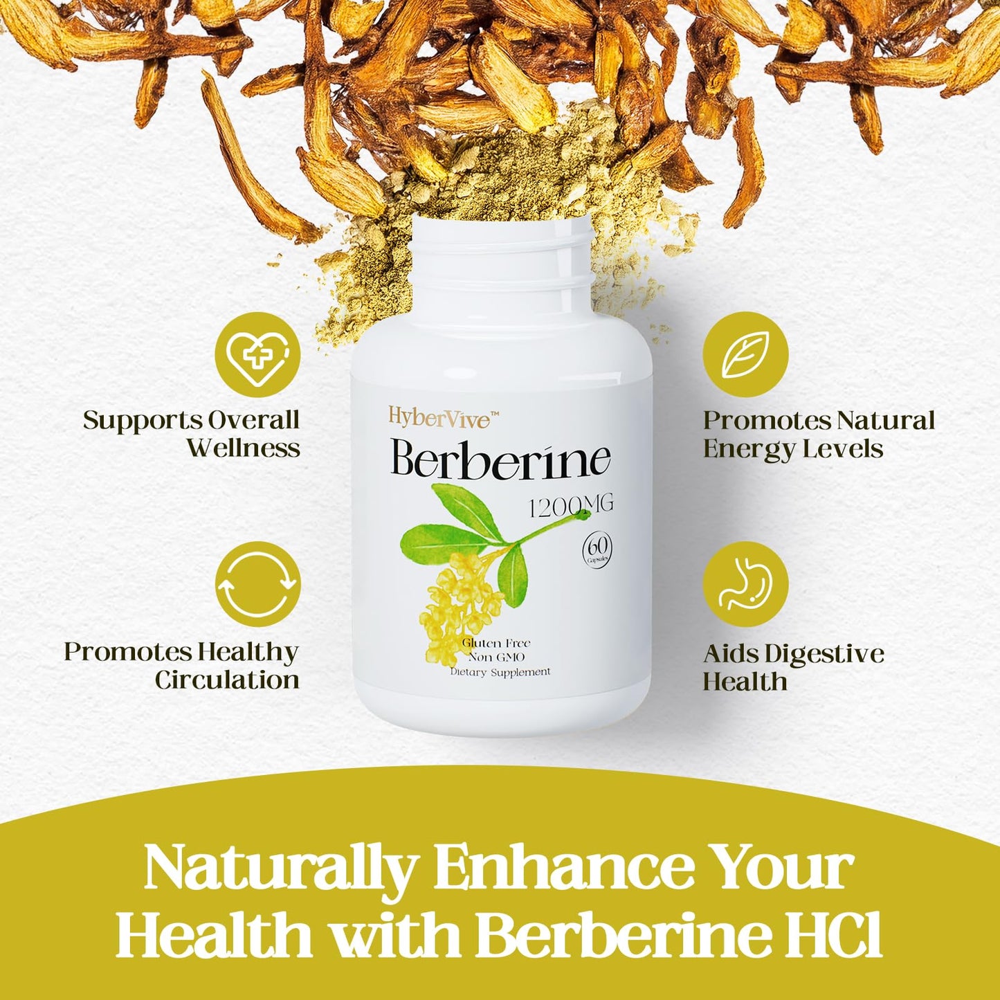 HyberVive Berberine Supplement 1200mg, Berberine HCl Supplement Supports Overall Wellness, High Potency Pure Berberine Extract for Women - Non GMO, Made in USA - 60 Capsules - Medaid International
