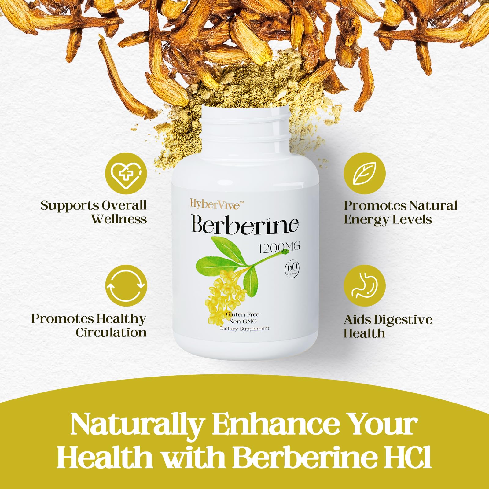 HyberVive Berberine Supplement 1200mg, Berberine HCl Supplement Supports Overall Wellness, High Potency Pure Berberine Extract for Women - Non GMO, Made in USA - 60 Capsules - Medaid International