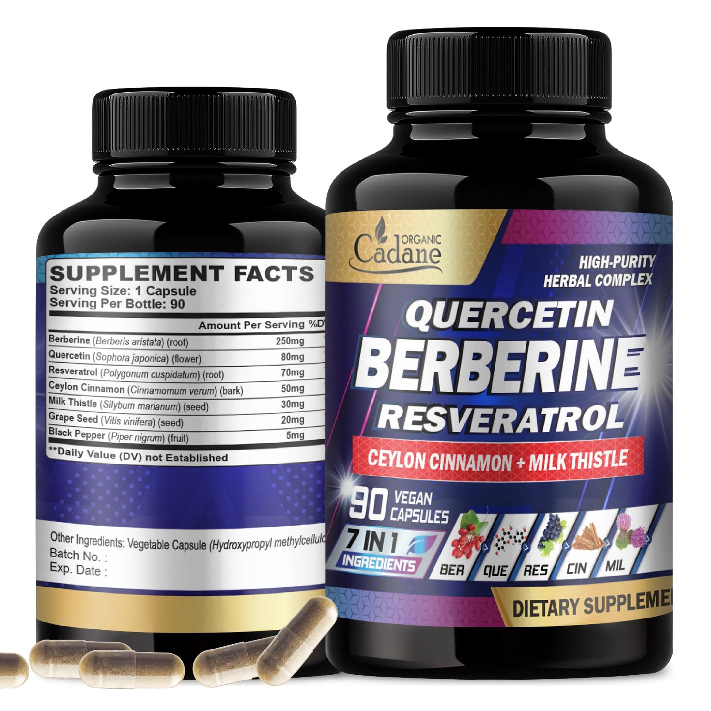 Organic Cadane 7in1 Pure Berberine Supplement with Quercetin, Ceylon Cinnamon, Resveratrol, Milk Thistle, Grape Seed, and Black Pepper - 90 Capsules for 3-Month Supply - Immunity Health Support - Medaid International