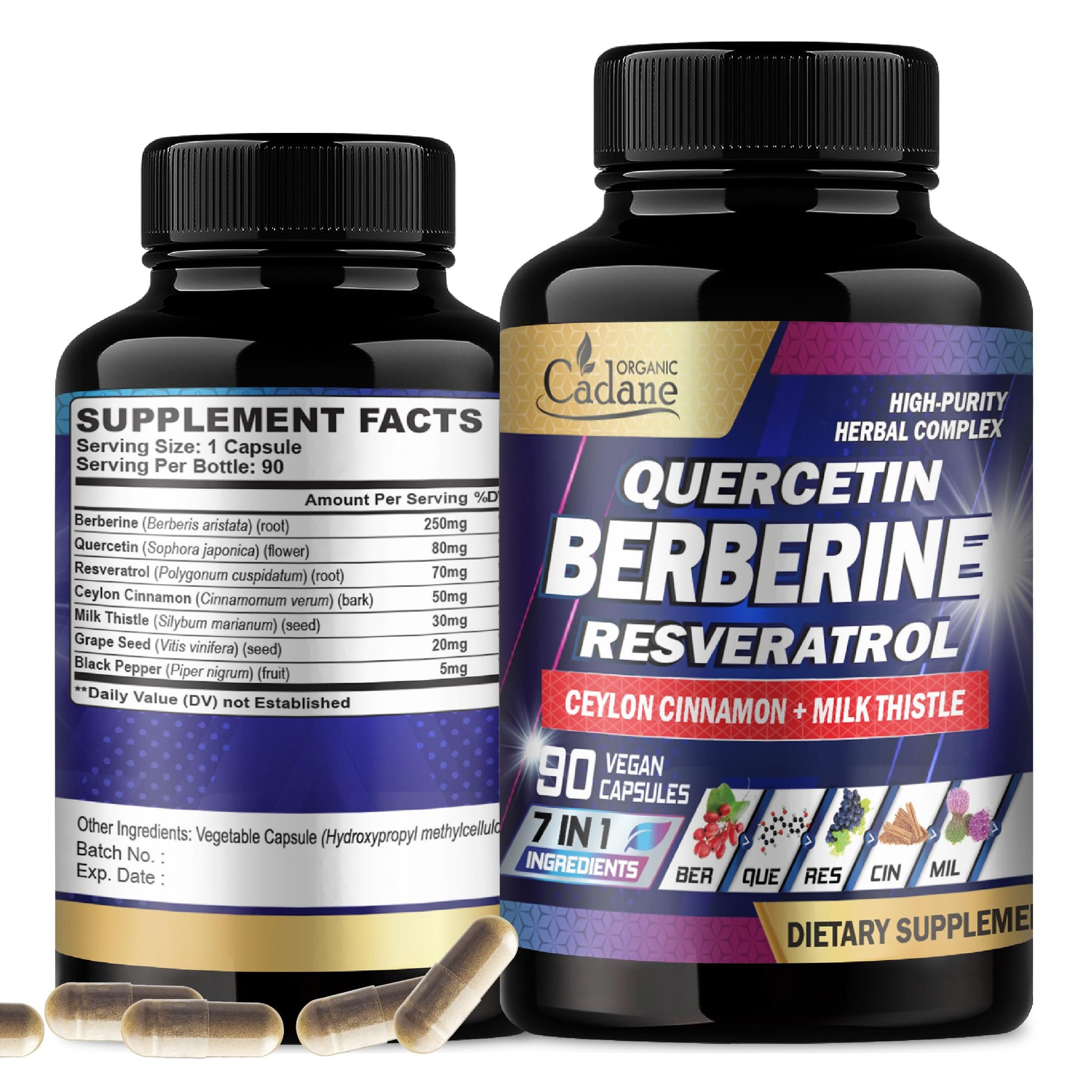 Organic Cadane 7in1 Pure Berberine Supplement with Quercetin, Ceylon Cinnamon, Resveratrol, Milk Thistle, Grape Seed, and Black Pepper - 90 Capsules for 3-Month Supply - Immunity Health Support - Medaid International