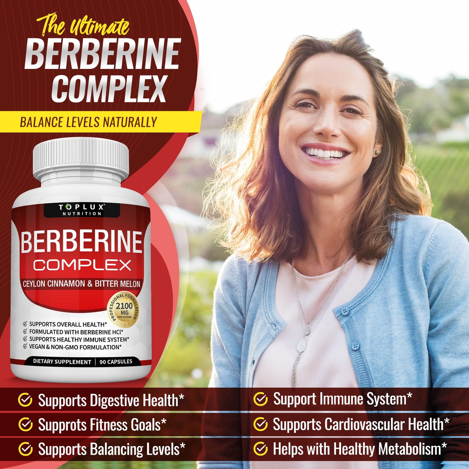 Toplux Berberine with Ceylon Cinnamon and Bitter Melon 2100mg - High Purity 97% HCL Berberine Supplement, Supports Overall Health & Immune System, Non-GMO Vegan 90 Capsules - Medaid International