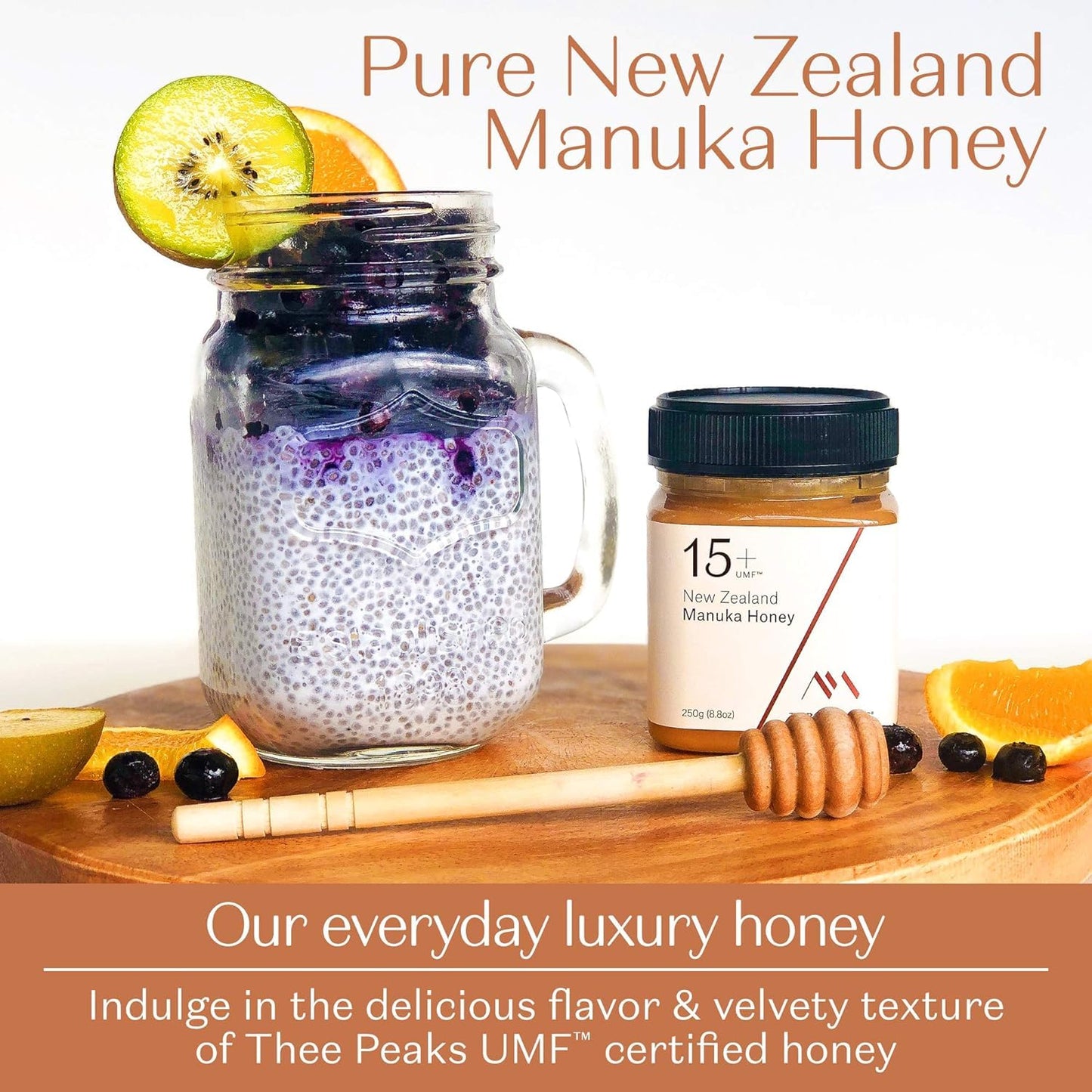 Three Peaks Manuka Honey New Zealand - Certified UMF 15+ - MGO 514+ - 8.8 oz (250g) - 100% Natural honey, Raw honey – Ultra Premium, Healing Manuka honey (Amber Jar) - Medaid International
