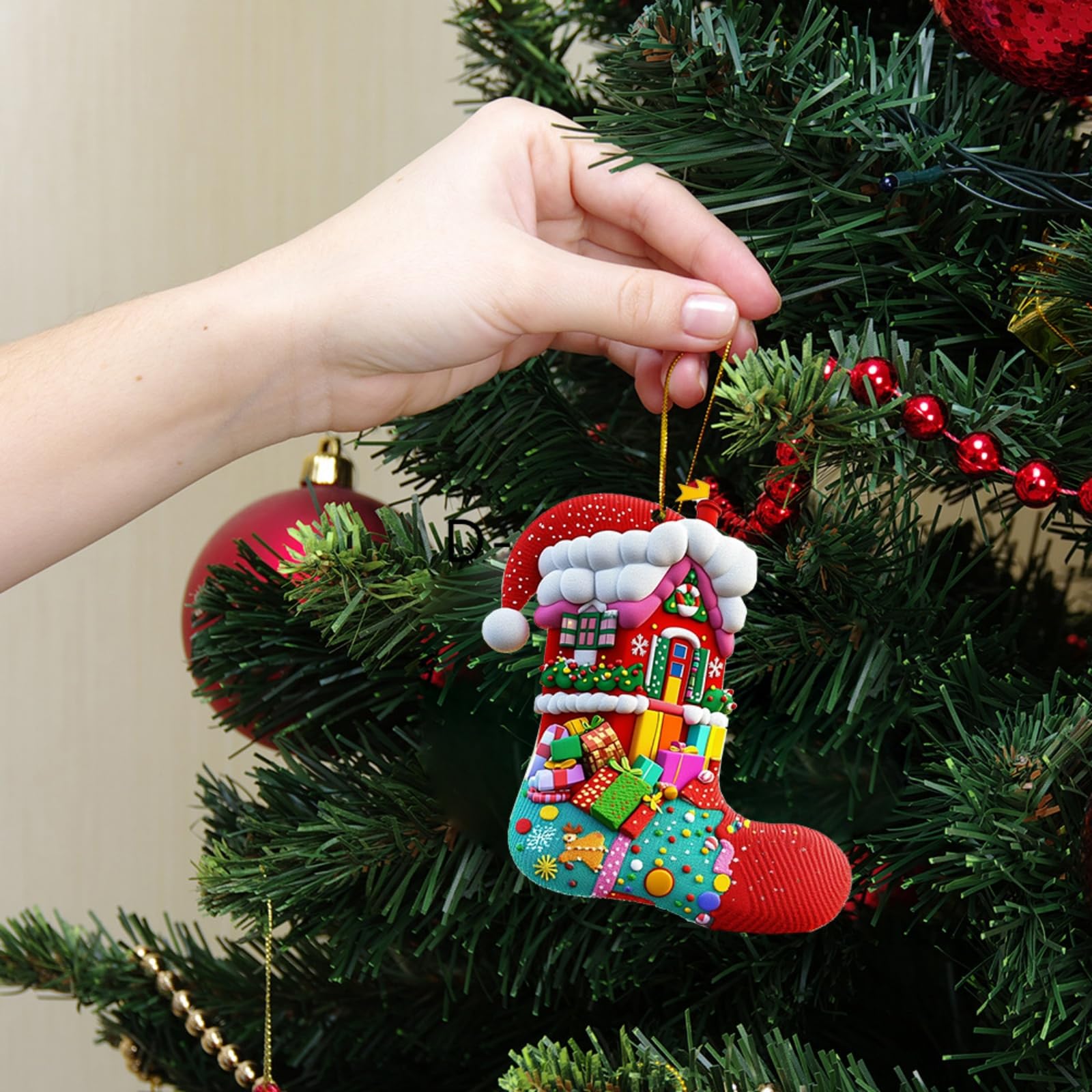5PCS/1Set Santa Red Christmas Socks Hanging Ornaments - for Home Indoor, Outdoor & Winter Festivities | Decor for Christmas Tree, Fireplace & Family Gatherings - Medaid International