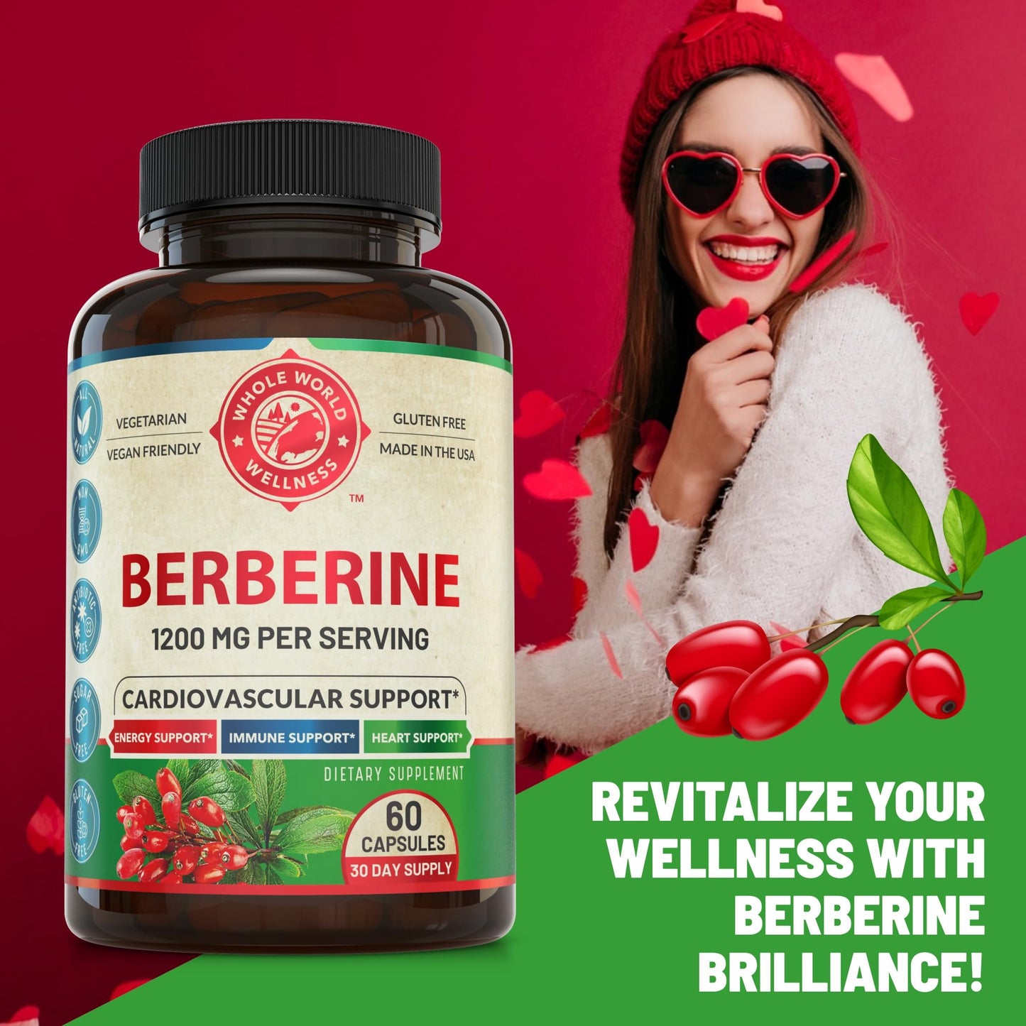 1200mg Berberine Herbal Health Capsules Support Heart and Cardiovascular Health, Help Maintain Healthy Cholesterol, Triglyceride, Blood Sugar Levels, Supports Digestion, Boosts Metabolism, 60 Capsules - Medaid International
