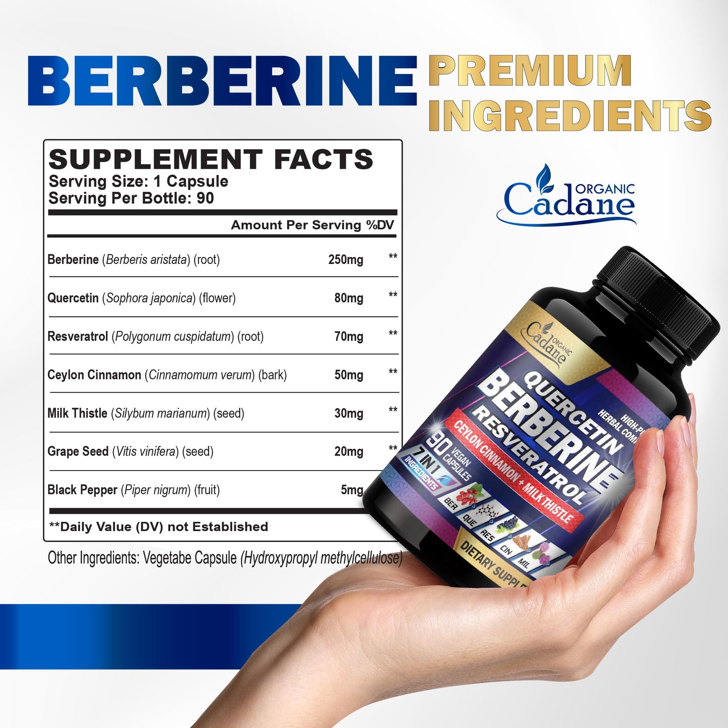 Organic Cadane 7in1 Pure Berberine Supplement with Quercetin, Ceylon Cinnamon, Resveratrol, Milk Thistle, Grape Seed, and Black Pepper - 90 Capsules for 3-Month Supply - Immunity Health Support - Medaid International