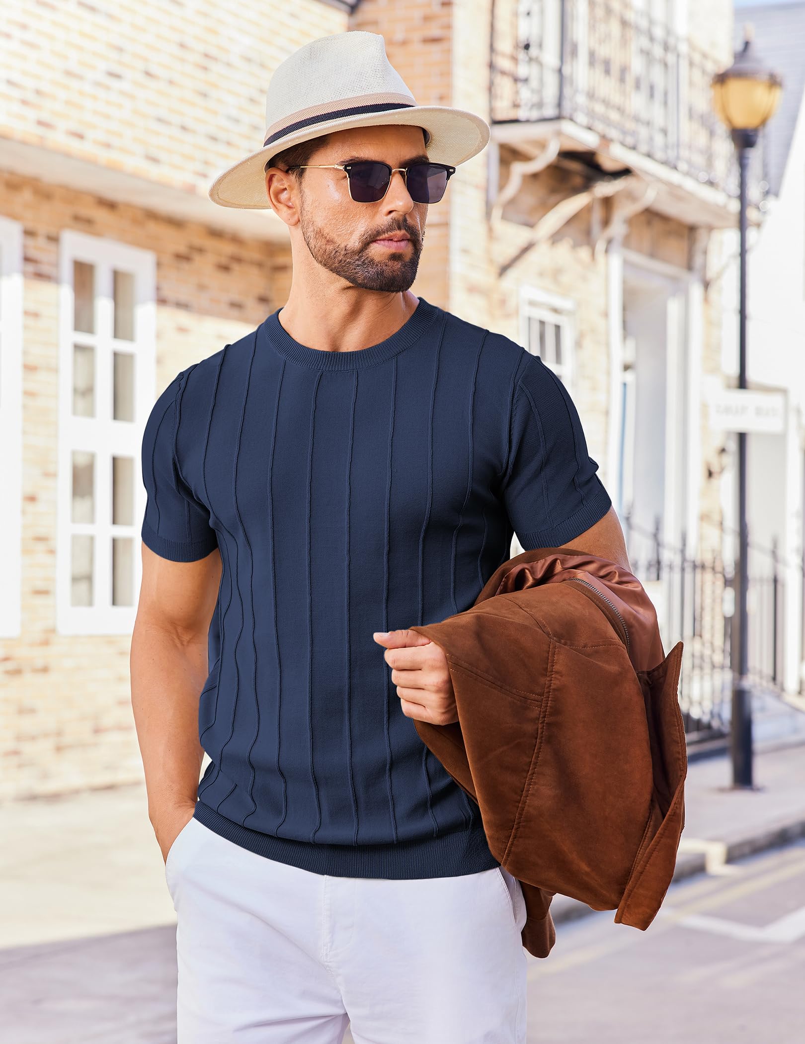COOFANDY Mens Shirts Casual Short Sleeve Crewneck Sweater Knitted T Shirts Formal Summer Shirts Navy Blue - Medaid International