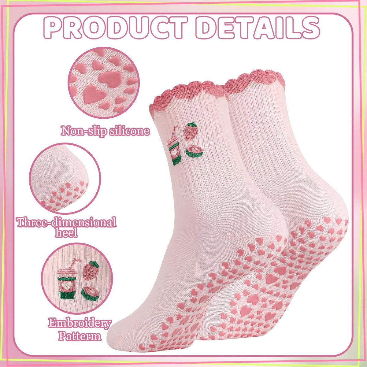 2 Pairs Non Slip Yoga Pilates Grip Socks for Women, Cute Ruffle Anti Slip Cotton Socks, Embroidered Design for Home Gym Barre Dance Ballet Hospital