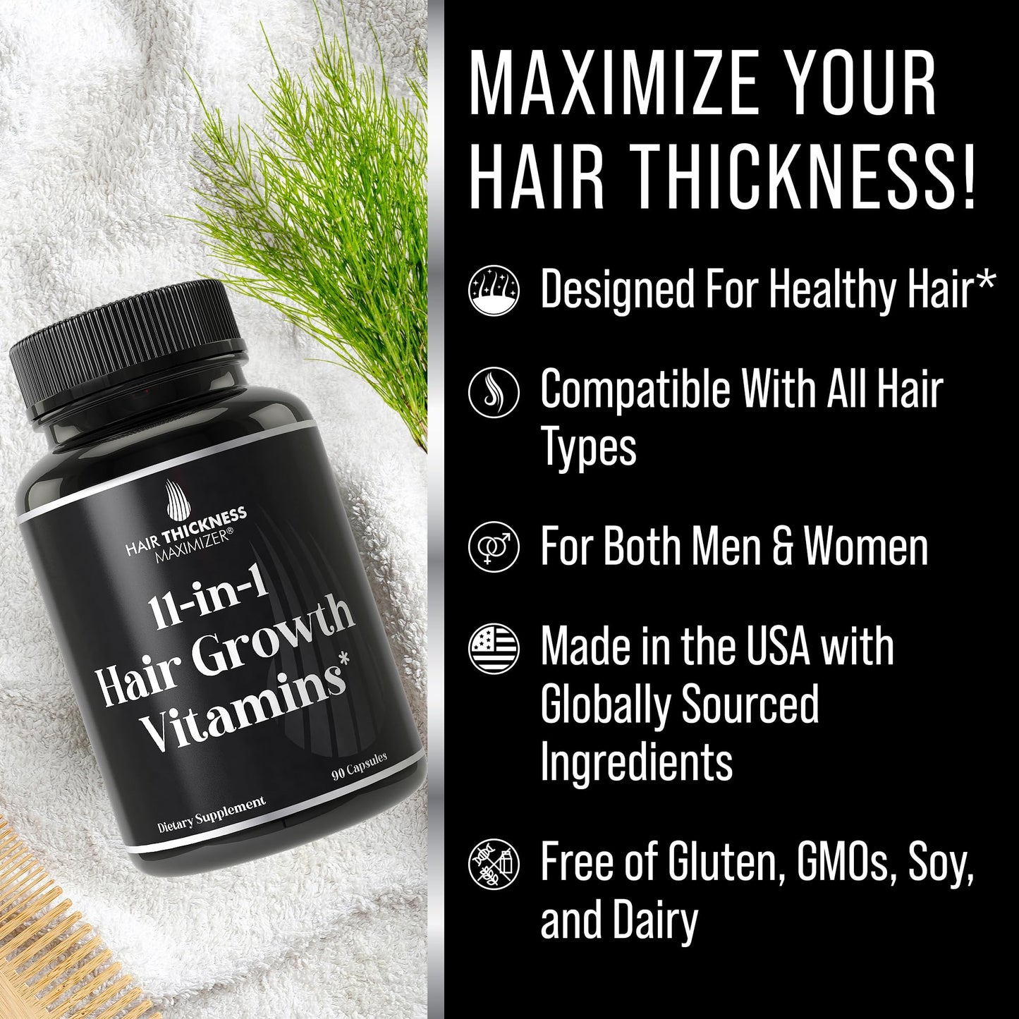 11-in-1 Vegan Hair Growth Vitamins for Thinning & Brittle Hair – Advanced Vitamin Complex with 5000mcg Biotin, Pumpkin Seed, Zinc. Supports Thicker, Healthier-Looking Scalp for Women & Men - Medaid International