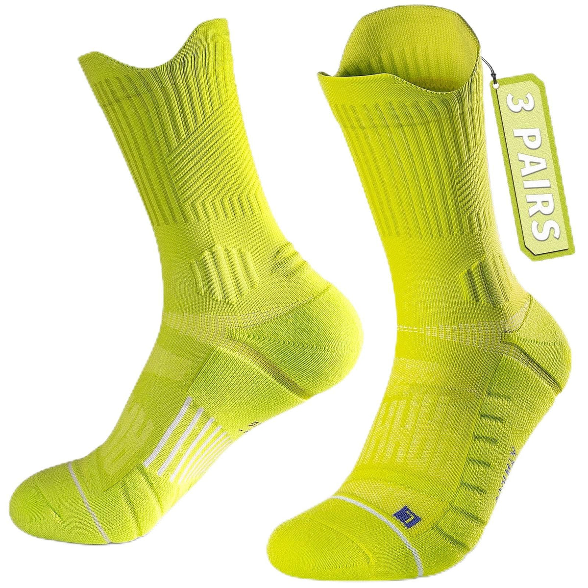 KASTWAVE 3 Pairs Coolmax Compression Running Socks, Super Thick Mens Hiking Socks, Cushion Crew Socks, Anti-Blister Moisture Wicking Athletic Hiking Socks (L, Yellow)