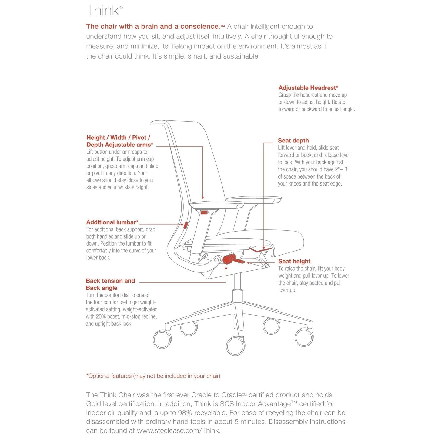 Steelcase Think Chair - Sophisticated, Multi-User - Five Points of Adjustability - Ergonomic Office Chair - Spine Comfort - Lumbar Support - Adjustable Arms - 3D Licorice Mesh Fabric Chair - Medaid International