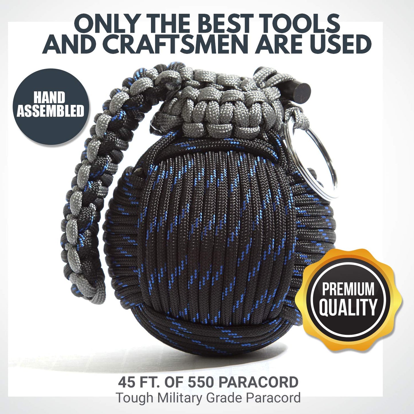 Paracord Emergency Carabiner Grenade with 48 Survival Tools (Blue+Black) - Grenade-Tied 550 Parachute Cord for Outdoor Preparedness - Holtzman's Gorilla Survival