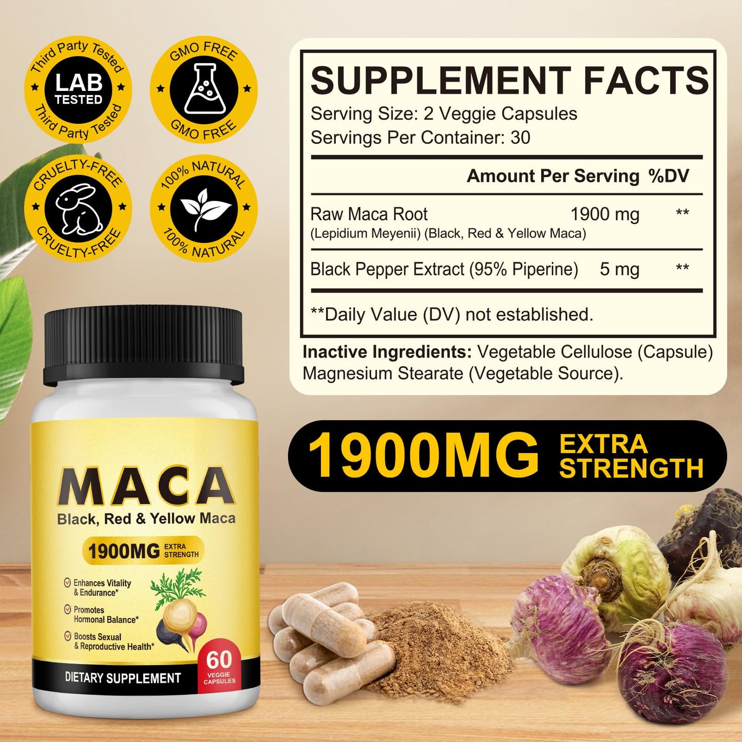 Maca Root Capsules for Women1900mg, Black + Red + Yellow Maca Root Extract Vegan Supplement Supports Reproductive Health, Menstrual Support, Hormonal Balance, Natural Energy - Medaid International