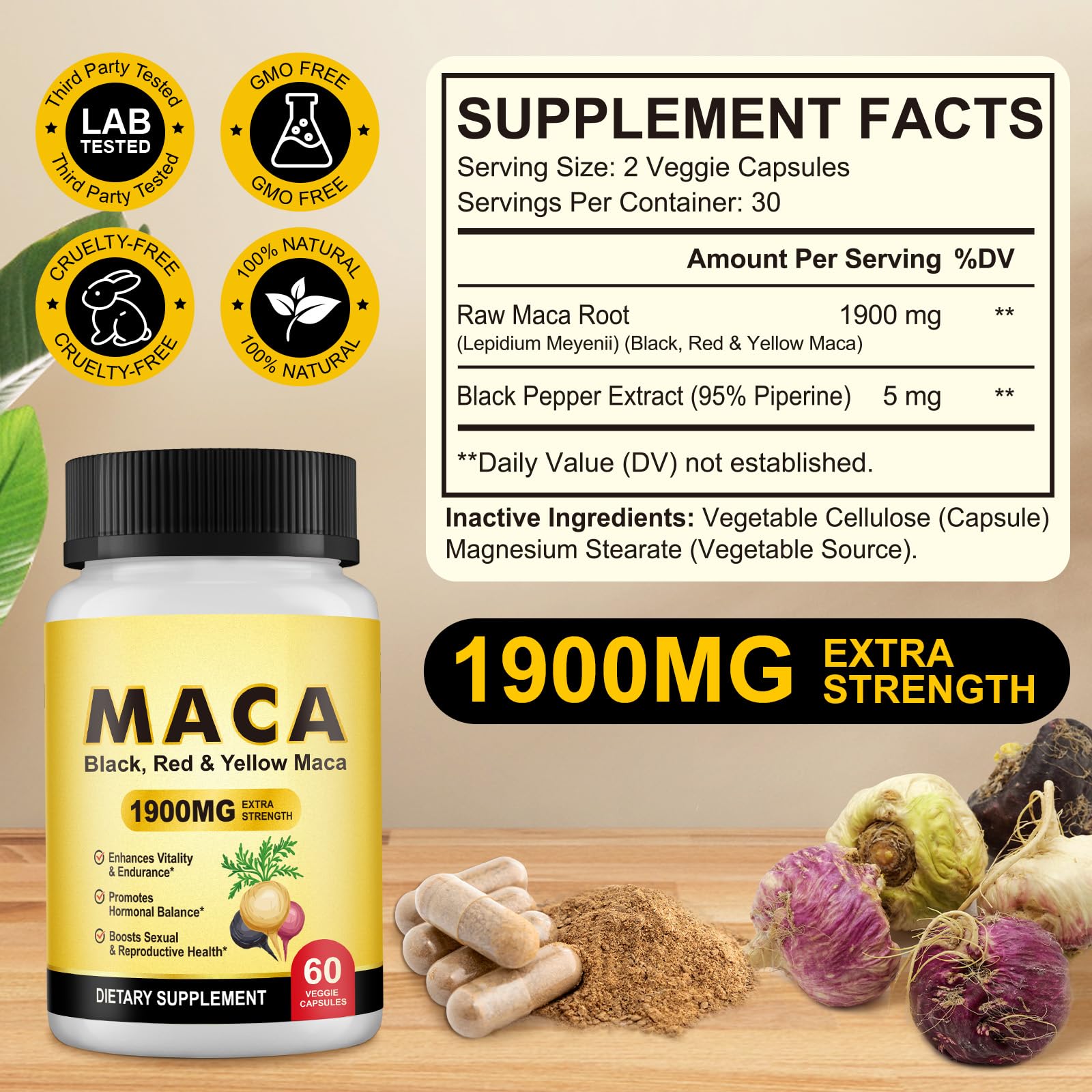 Maca Root Capsules for Women1900mg, Black + Red + Yellow Maca Root Extract Vegan Supplement Supports Reproductive Health, Menstrual Support, Hormonal Balance, Natural Energy - Medaid International