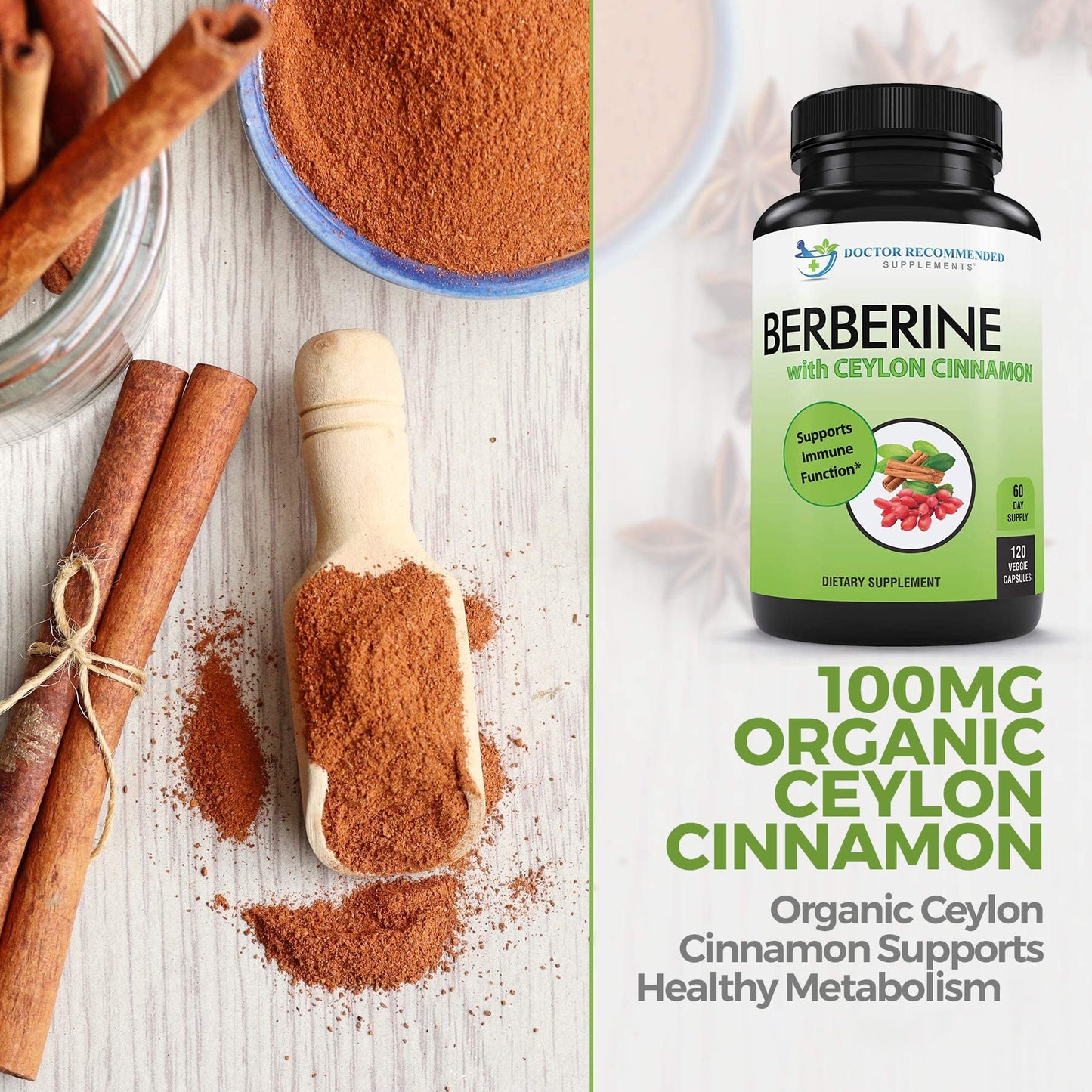 DOCTOR RECOMMENDED SUPPLEMENTS Berberine with Ceylon Cinnamon - 1200mg Berberine & 100mg Organic Ceylon Cinnamon - 120 Veggie Capsules, Healthy Immune System & Gastrointestinal Wellness - Medaid International