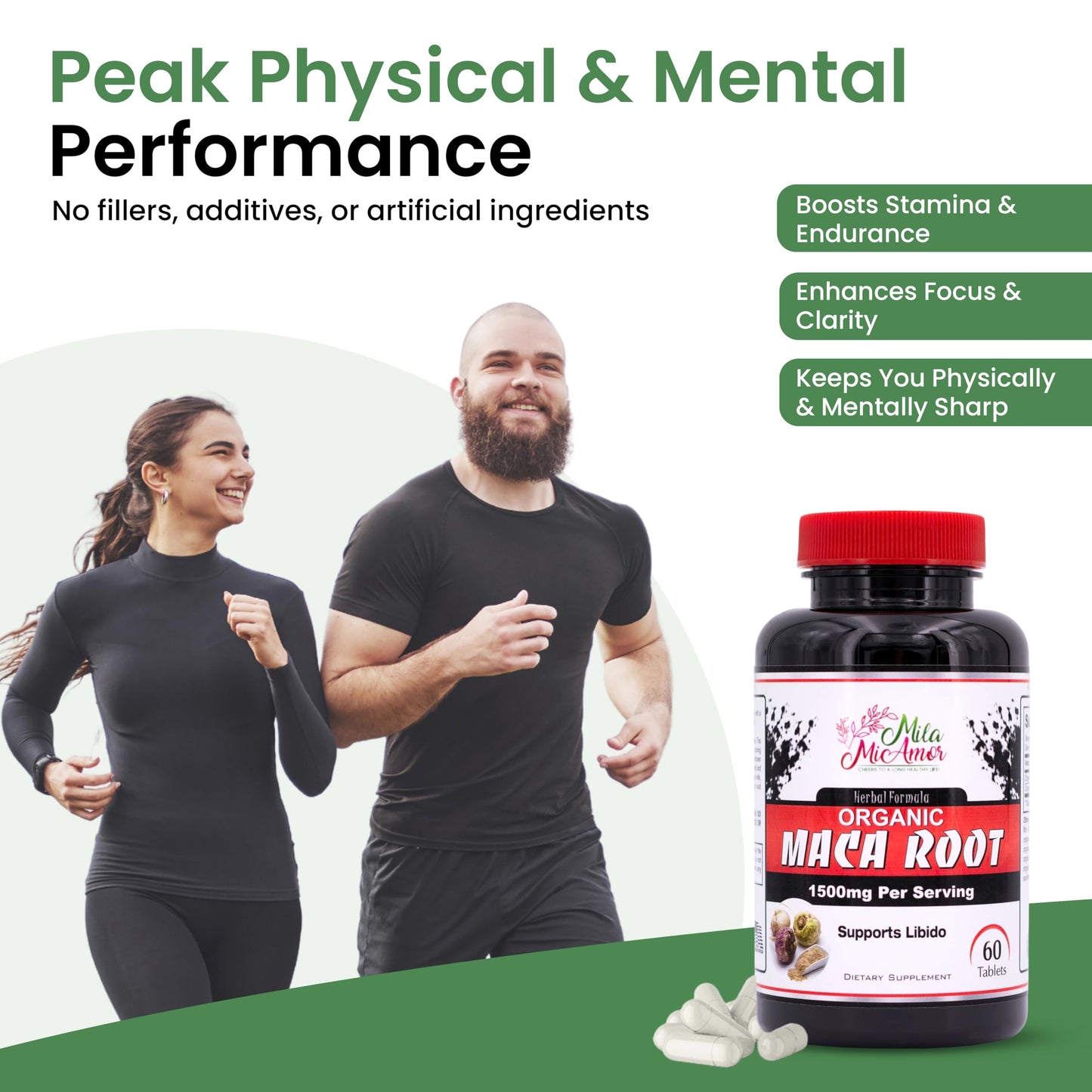 Mila Miamor Organic Maca Root Extract 1500 mg, Peak Performance for Men & Women, Sustained Energy & Hormone Support with Black Pepper, Non-GMO, 60 Tablets, US-Made - Medaid International