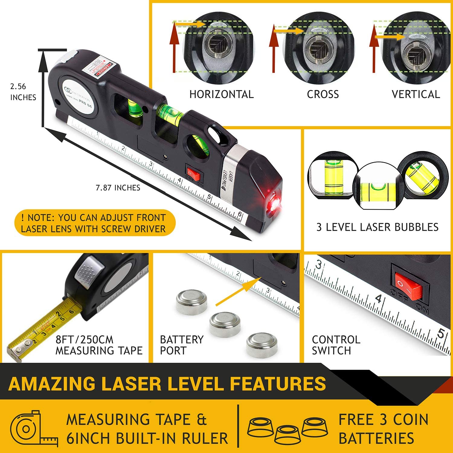 Ofircreation Stud Finder & Multifunction Device (Laser Level line, Leveler, Metric Ruler) - Stud Finder Wall Scanner With Laser Level Can Be Used as Pictures Hanging Tool and Ruler - Medaid International