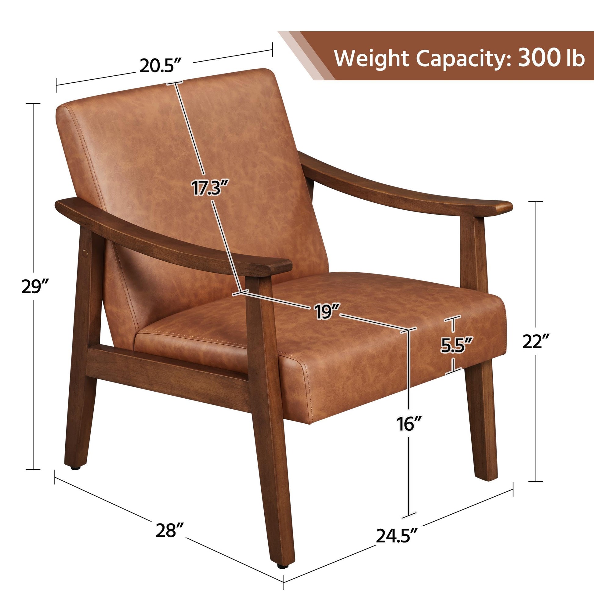 Yaheetech PU Leather Accent Chair, Mid-Century Modern Armchair with Solid Wood Legs, Reading Leisure Chair with High Back for Living Room Bedroom Waiting Room, Brown - Medaid International