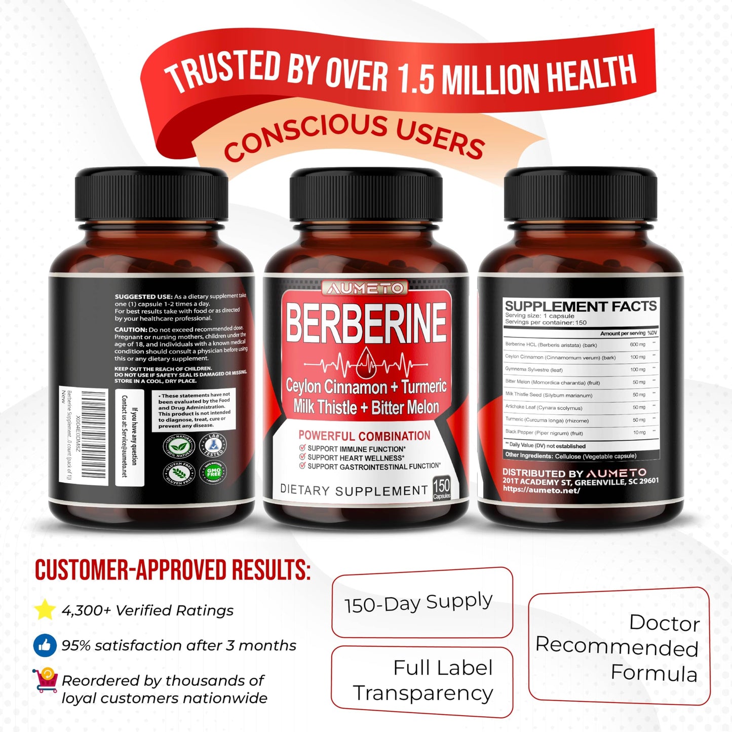 Berberine Supplement - Enhanced with Ceylon Cinnamon, Turmeric, Milk Thistle, Bitter Melon for Digestion, Immunity & Weight Managament (150 Count (Pack of 1)) - Medaid International