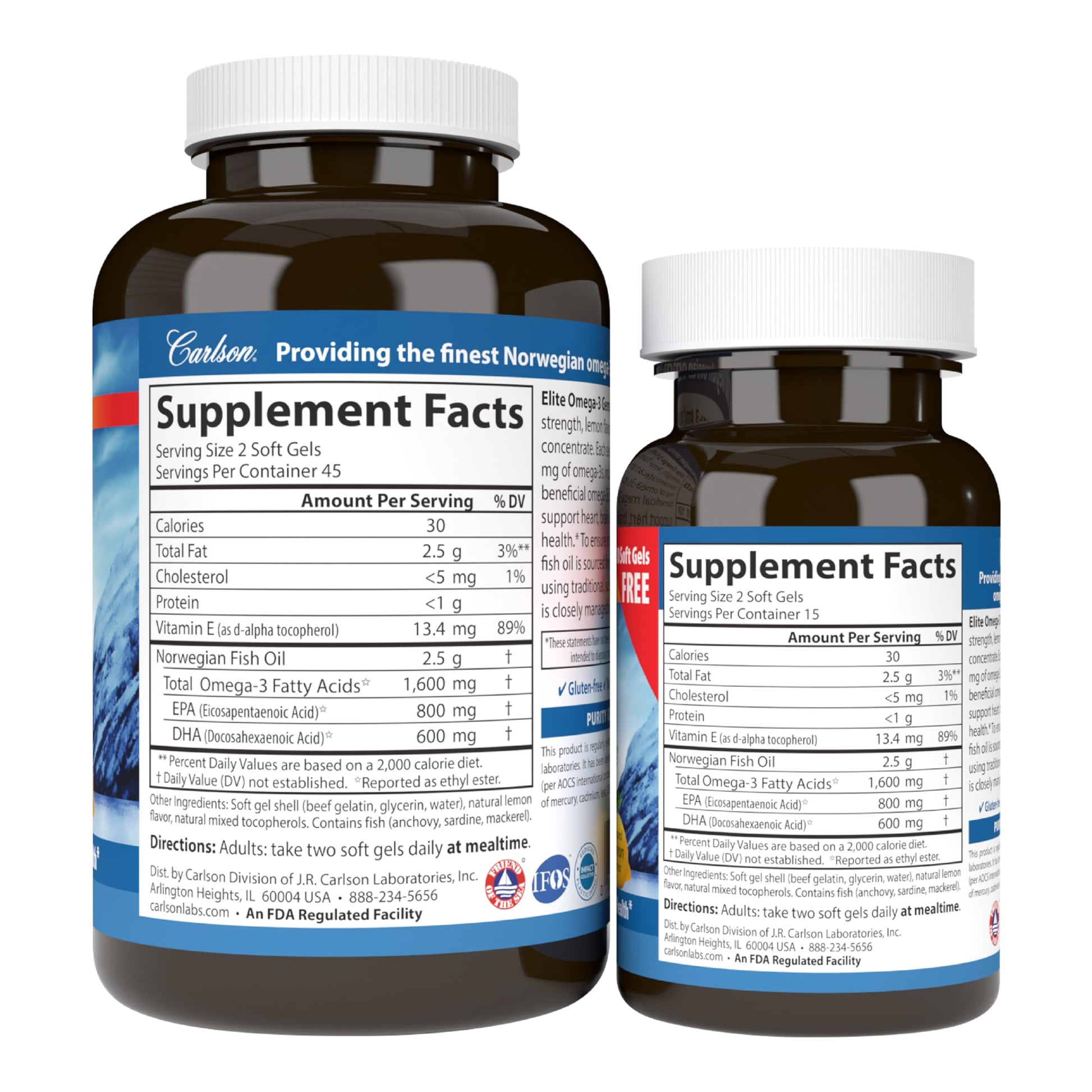 Carlson - Elite Omega-3 Gems,1600 mg Omega-3 Fatty Acids Including EPA and DHA,Norwegian, Wild-Caught fish oil Supplement,Sustainably Sourced Capsules, Lemon, 90+30 Softgels - Medaid International