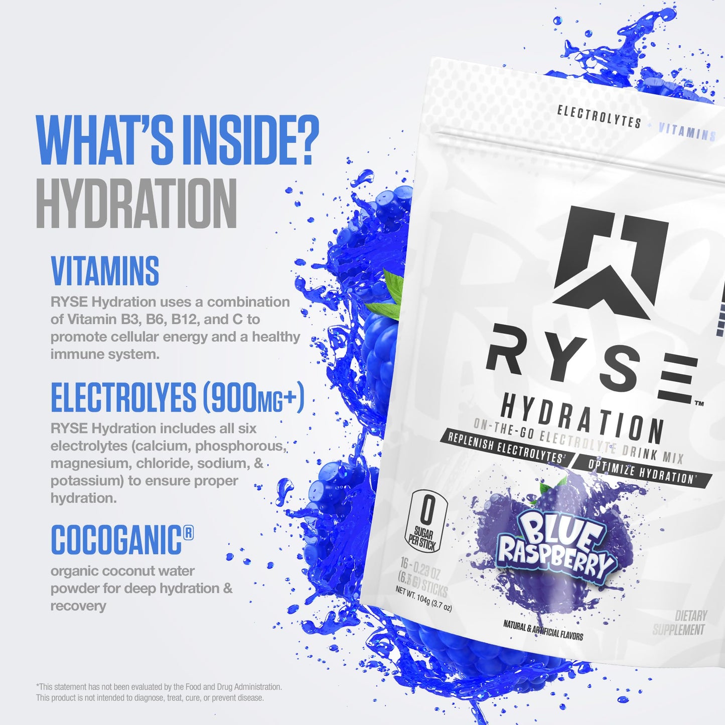 RYSE Hydration Electrolyte Powder Drink Mix Packets - Blue Raspberry - Sugar-Free Full Spectrum Electrolytes with Essential Vitamins, Taurine and Choline for Rehydration - 16 Serving Sticks - Medaid International