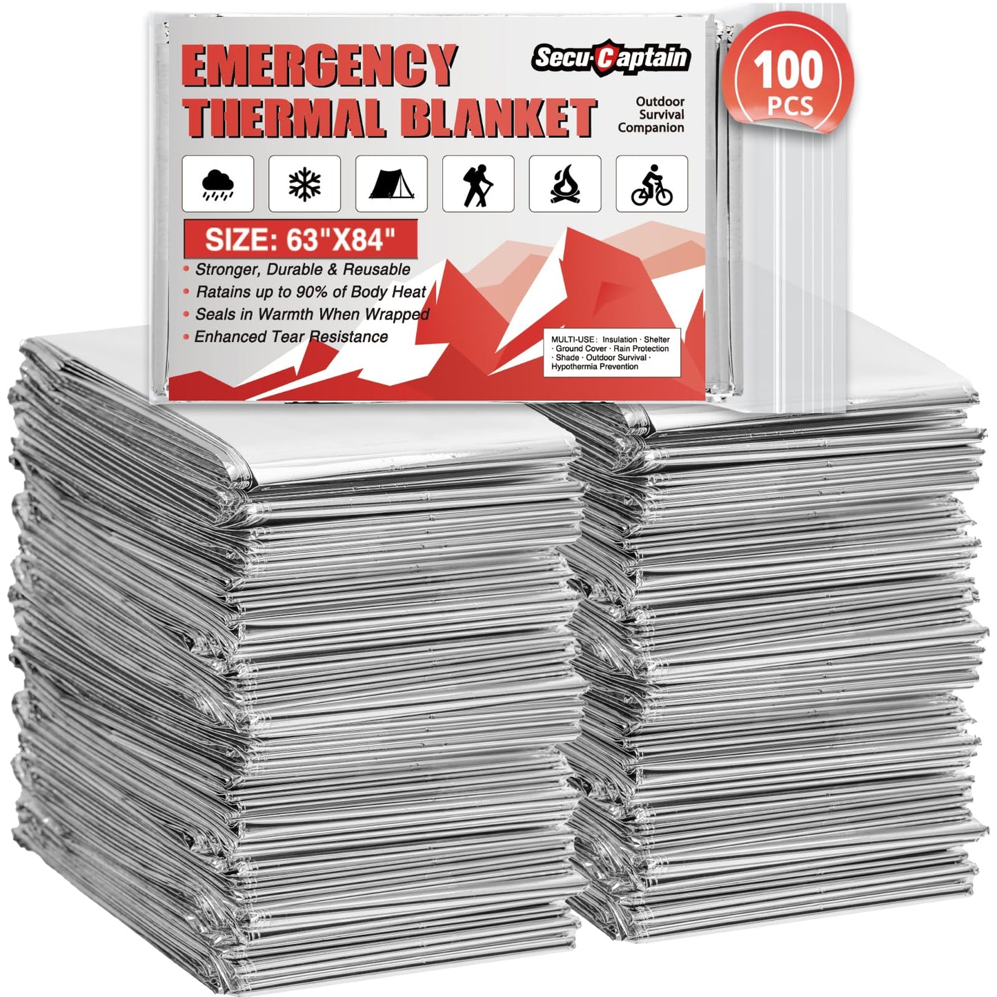 SecuCaptain Survival Emergency Thermal Blankets: 100 Pack Extra Large 84” x63” Space Mylar Blanket Kit for Outdoor Cold Winter Camping Hiking Car Bug Out Bag or First Aid