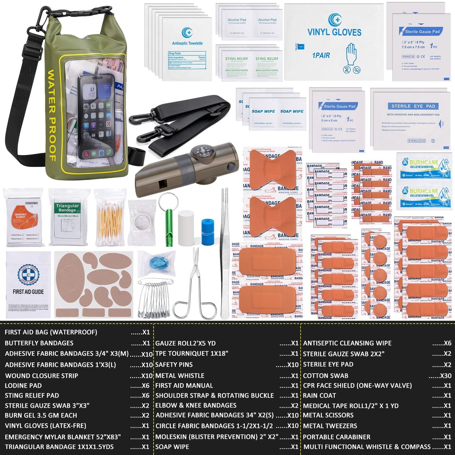 GPUSFAK 154 Pieces Waterproof Boat First Aid Kit Dry Bag with Cell Phone Bug Out Bags Pouch Roll Top Boat Emergency Kit 2-in-1 for Camping Fishing Kayaking Swimming Rafting ArmyGreen
