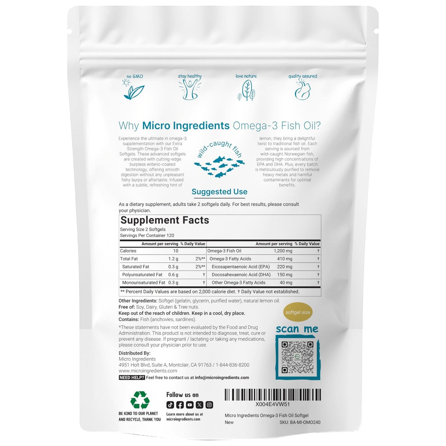 Micro Ingredients Extra Strength Omega 3 Fish Oil Supplements 1,200mg Per Serving, 240 Softgels | Lemon Flavored | Burpless | Essential Fatty Acids | EPA 220mg + DHA 150mg | Deep Sea Fish - Medaid International