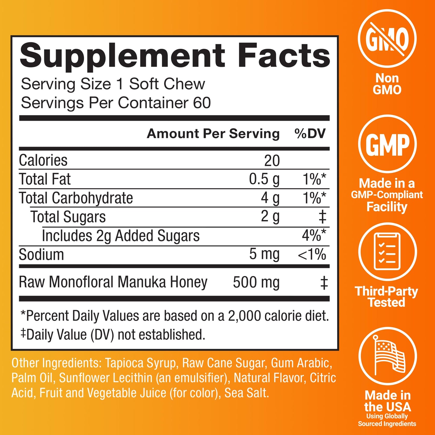 FORCE FACTOR Royal Manuka Honey, Pure New Zealand Manuka, Support Immune Health, Digestion & Energy, MGO 130, UMF 5+, Sustainably Sourced, Honey-Lemon, 60 Soft Chews - Medaid International