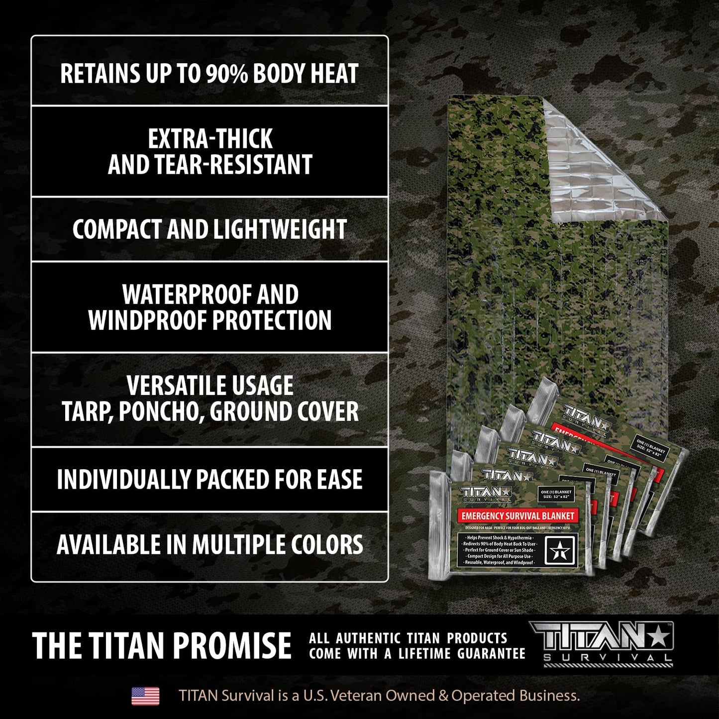 TITAN Survival Premium Mylar Survival Blankets (5 Pack) Thermal Emergency Survival Blanket for Camping, Hunting, Hiking - 90% Heat Retention & Waterproof - Portable Space Blanket w/Size Options