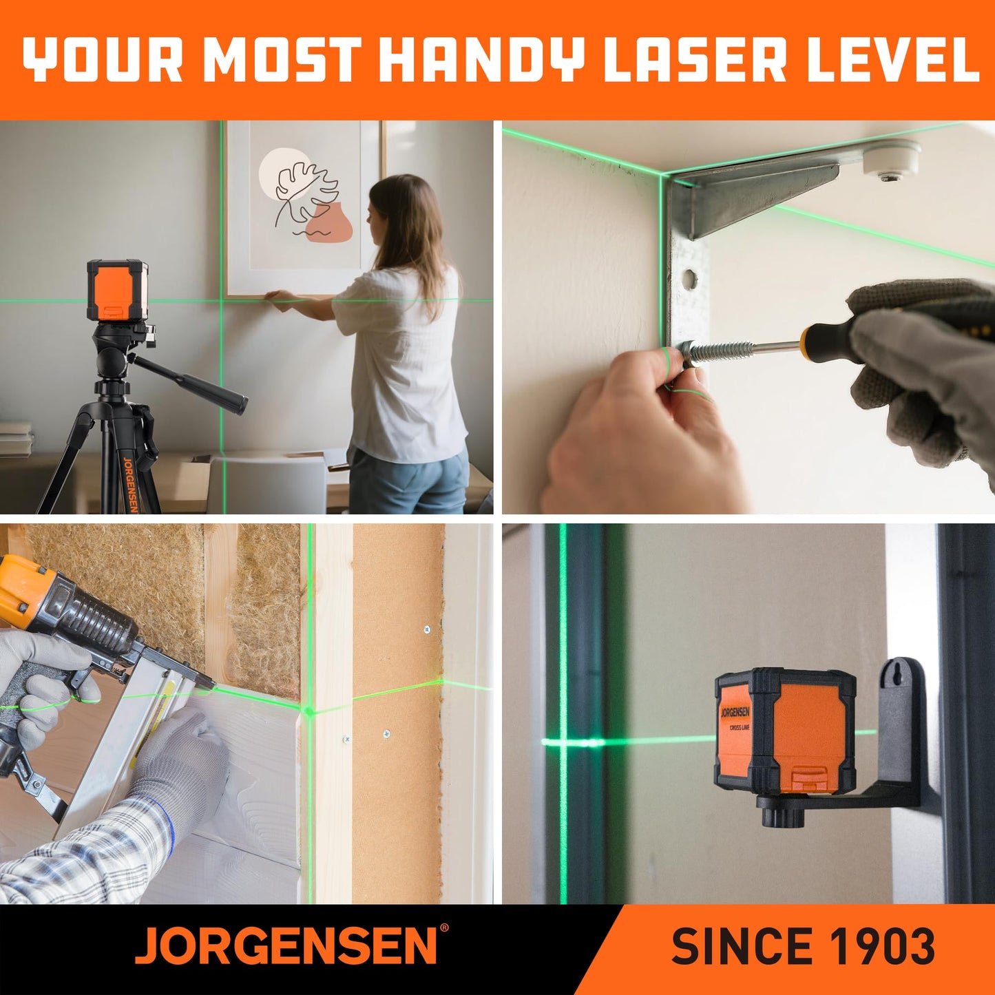 JORGENSEN Laser Level with Tripod, 65 FT Self Leveling Cross Line Laser Leveler Tool with 360° Magnetic Base, Green Laser Level for Picture Hanging, Home Renovation, Indoor Project - Medaid International