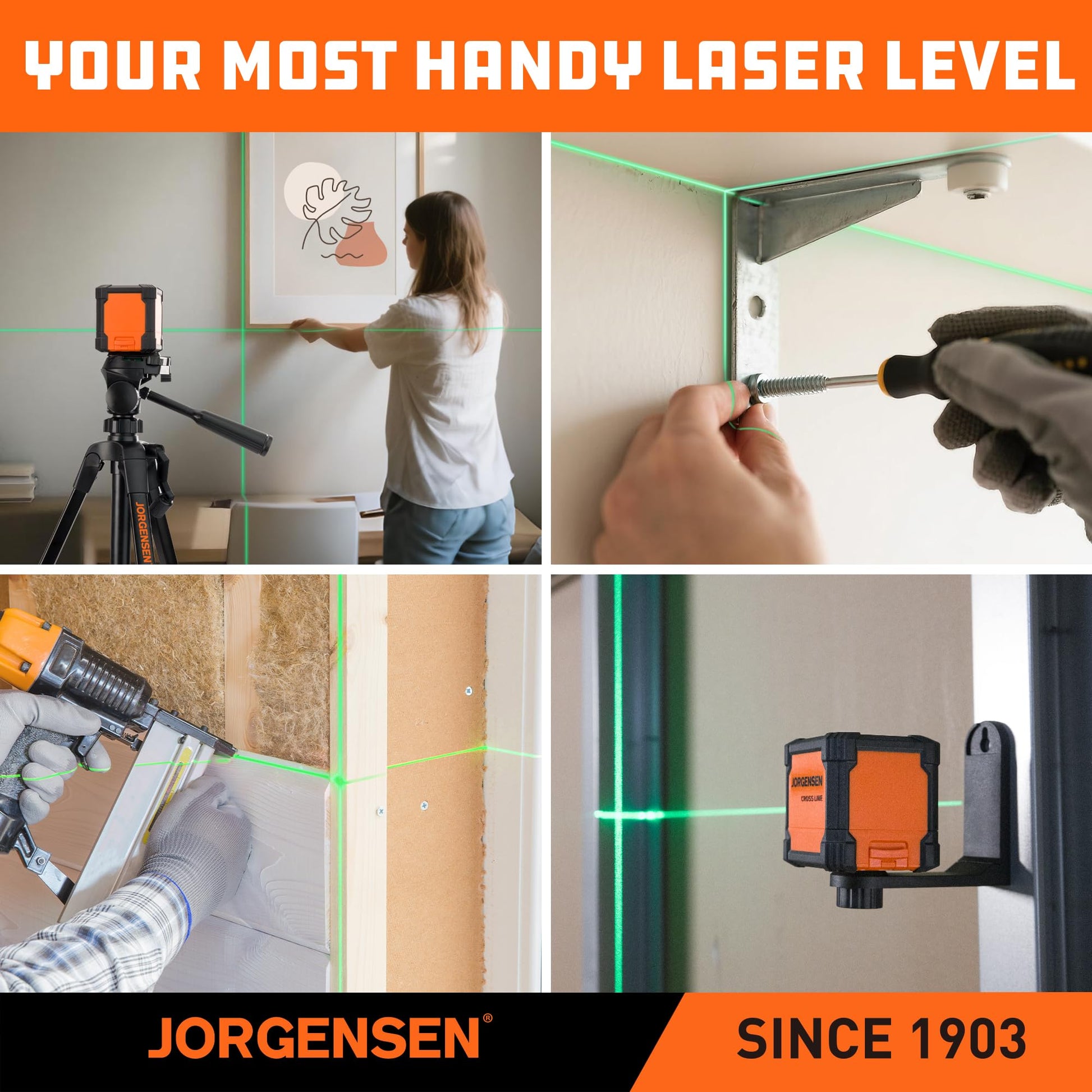 JORGENSEN Laser Level with Tripod, 65 FT Self Leveling Cross Line Laser Leveler Tool with 360° Magnetic Base, Green Laser Level for Picture Hanging, Home Renovation, Indoor Project - Medaid International