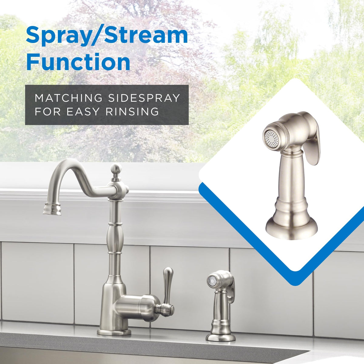 GERBER Danze D401157SS Opulence Single Handle Kitchen Faucet with Side Spray, Stainless Steel