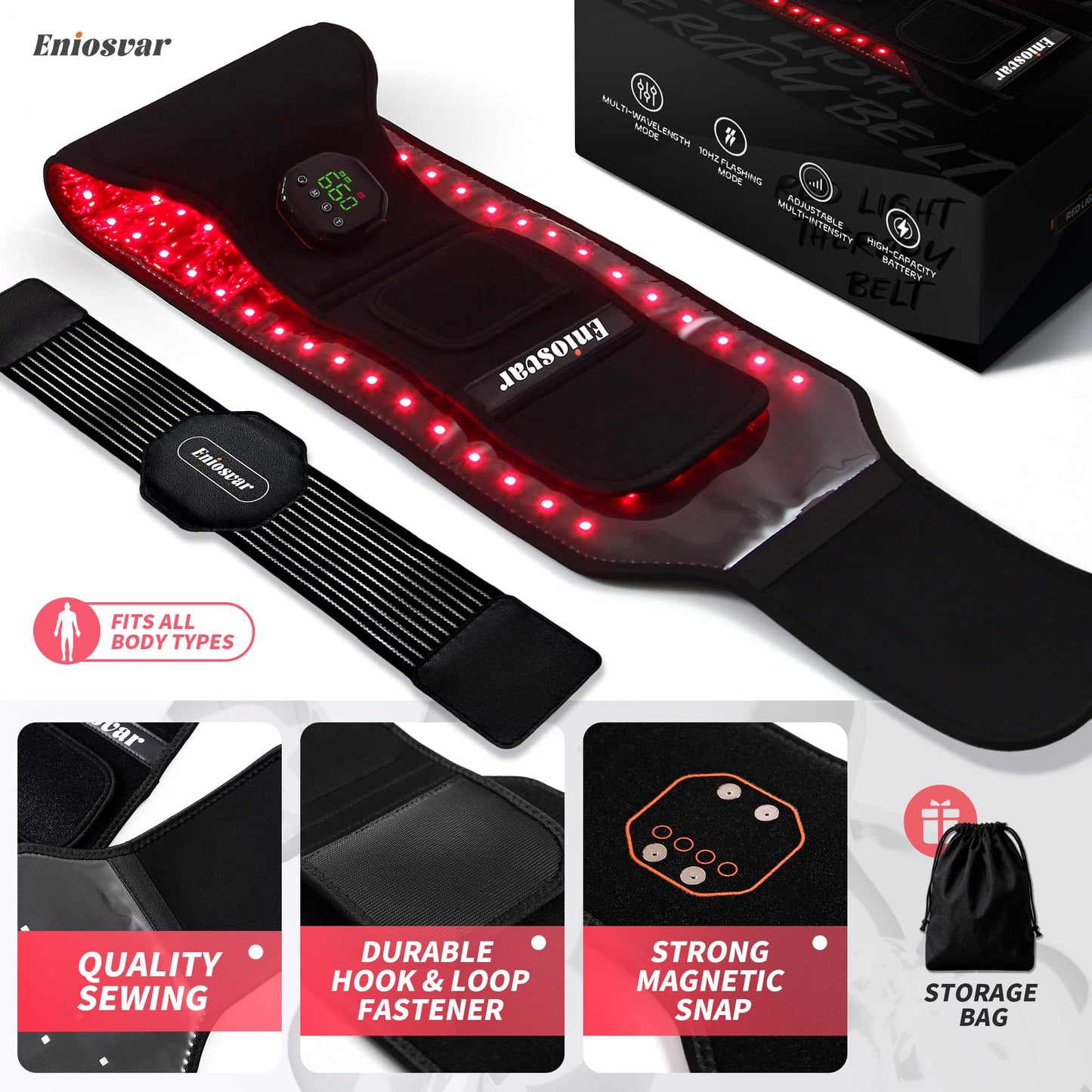 Red Light Therapy Belt, 7500mAh Cordless Infrared Light Therapy for Body, 3-in-1 660nm&850nm for Pain Relief & Muscle Repair, with Elastic Band - Medaid International
