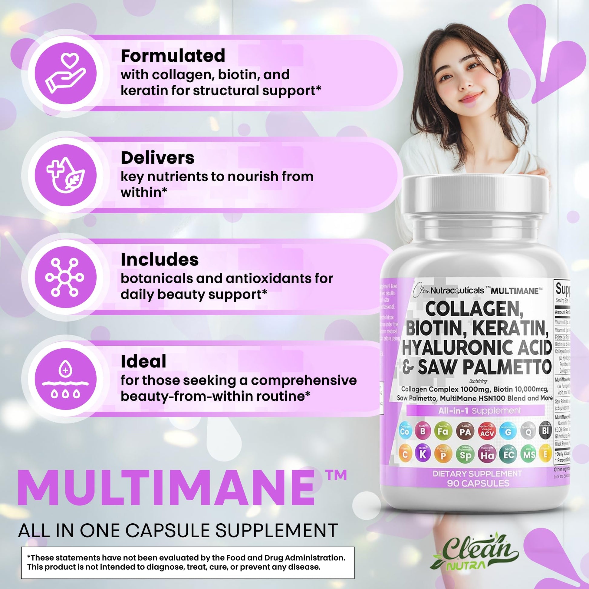 Clean Nutraceuticals Collagen Pills 1000mg Biotin 10000mcg Keratin Saw Palmetto Hyaluronic Acid - Hair Skin & Nails Vitamins & DHT Blocker with Vitamin E Folic Acid Pumpkin Seed MSM - 90 Count - Medaid International