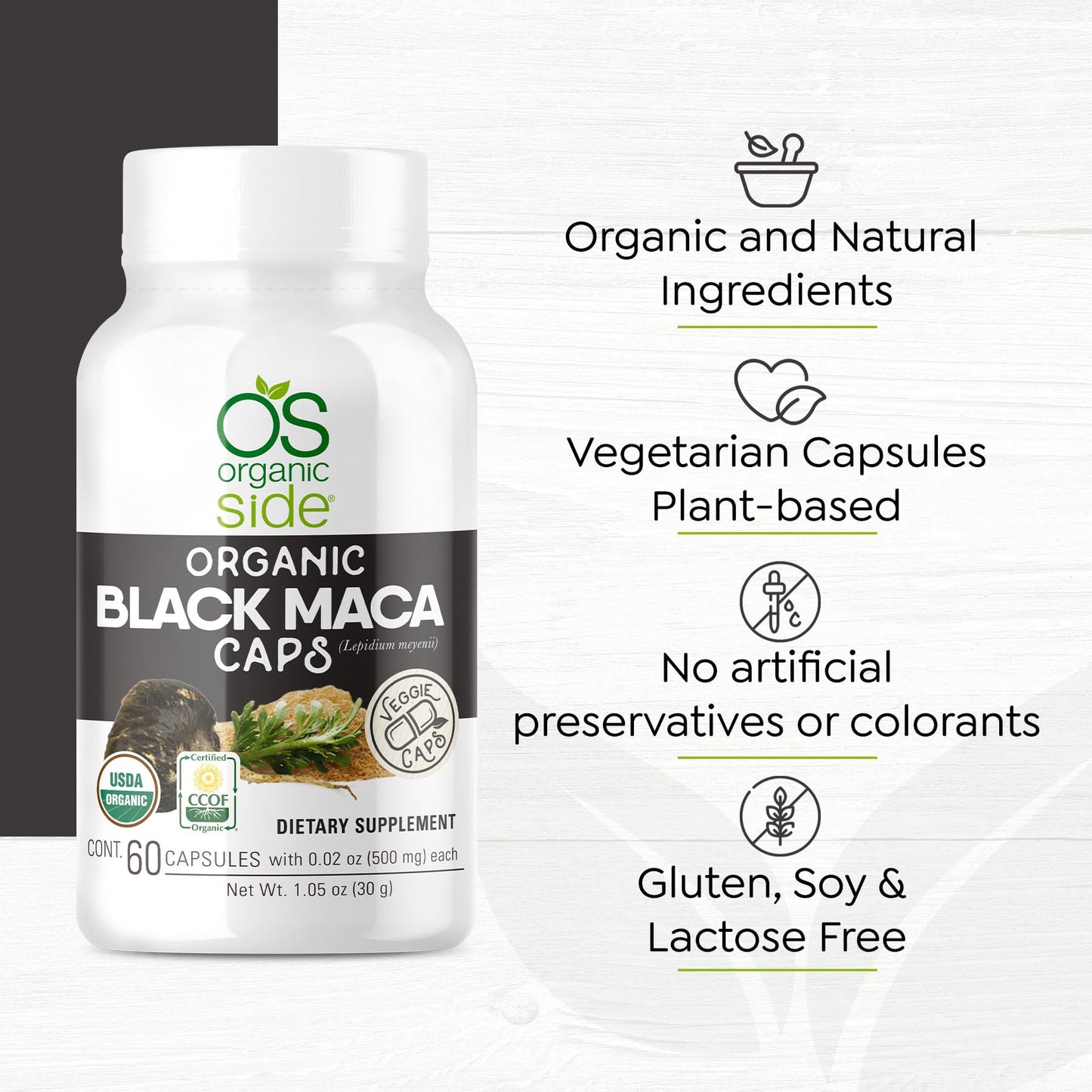 OS Organic Side | Organic Black Maca 60 Capsules | Natural Supplement with Black Maca Root Powder | Plant-Based Capsules for Energy, Vitality, and Hormonal Balance - Medaid International