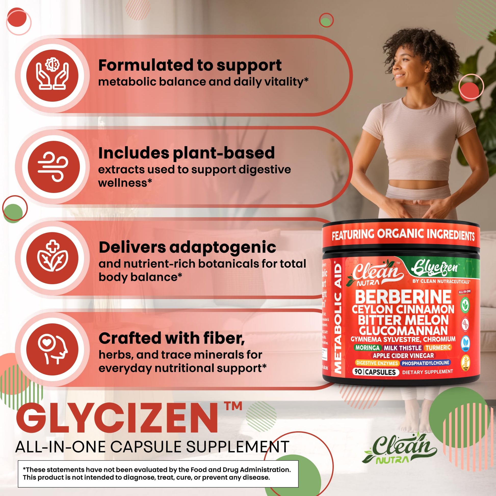 Clean Nutra Berberine and Ceylon Cinnamon Supplement Bitter Melon Glucomannan Gymnema Sylvestre Chromium Moringa Milk Thistle Turmeric Apple Cider Vinegar Digestive Enzymes Inositol Pills 90 Capsules - Medaid International